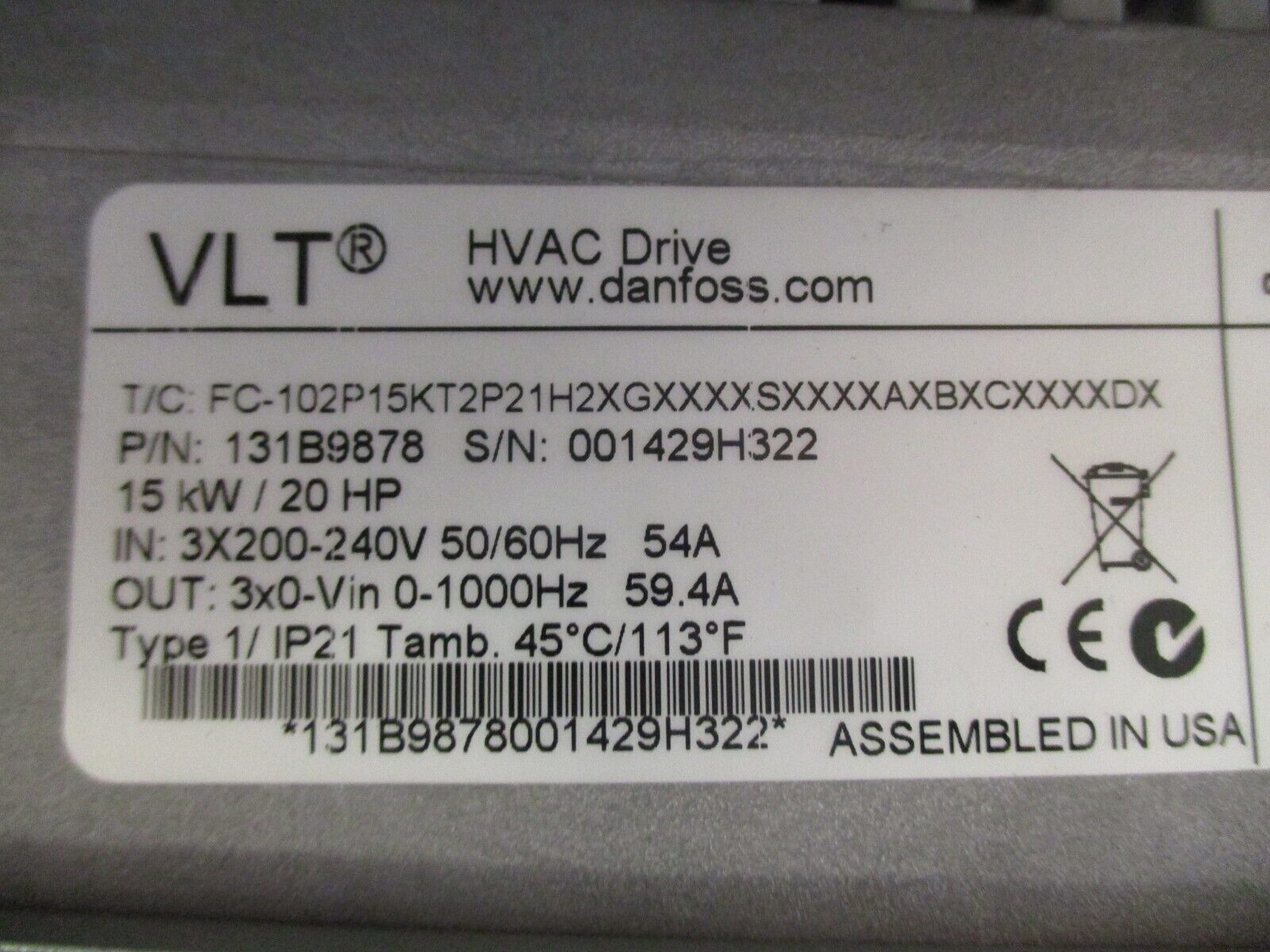 Danfoss VLT AC Drive 131B9878 20HP 3Ph w/ Keypad Used