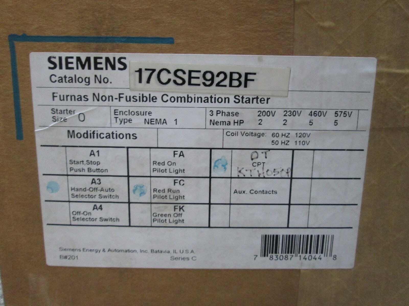 Siemens Non-Fusible Combination 17CSE92BF Size 0 nema 1 Enclosure New Surplus