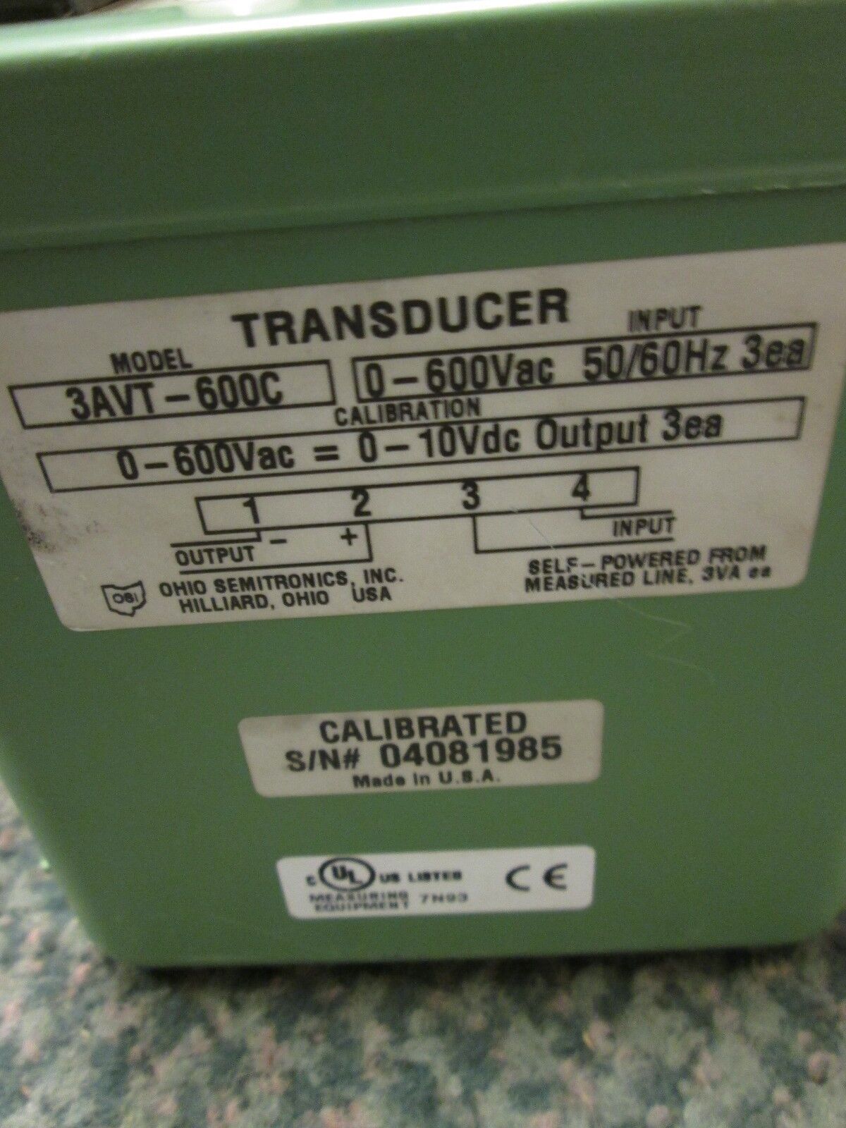 Ohio Semitronics Transducer 3AVT-600C Input 0-600VAC 5/60Hz 3ea Used