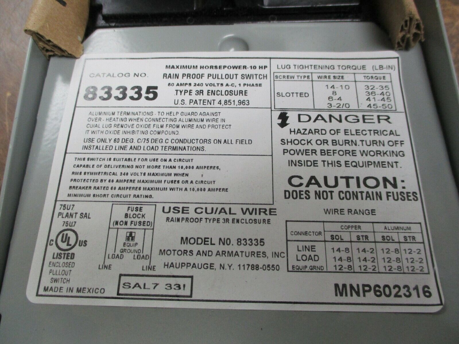 Motors and Armatures, Inc. 3R Pullout Switch 83335 60A 240V 1Ph Used
