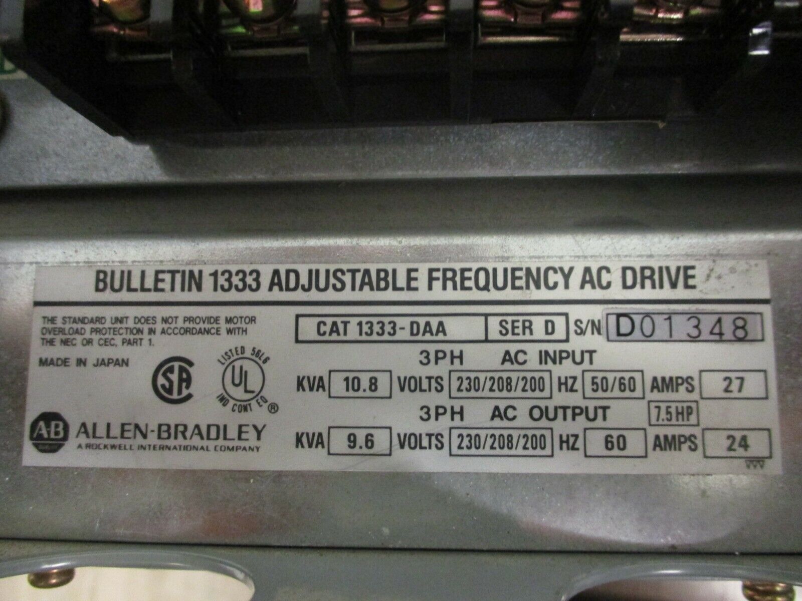 Allen-Bradley AC Drive 1333-DAA Ser. D 7.5HP 3Ph Used