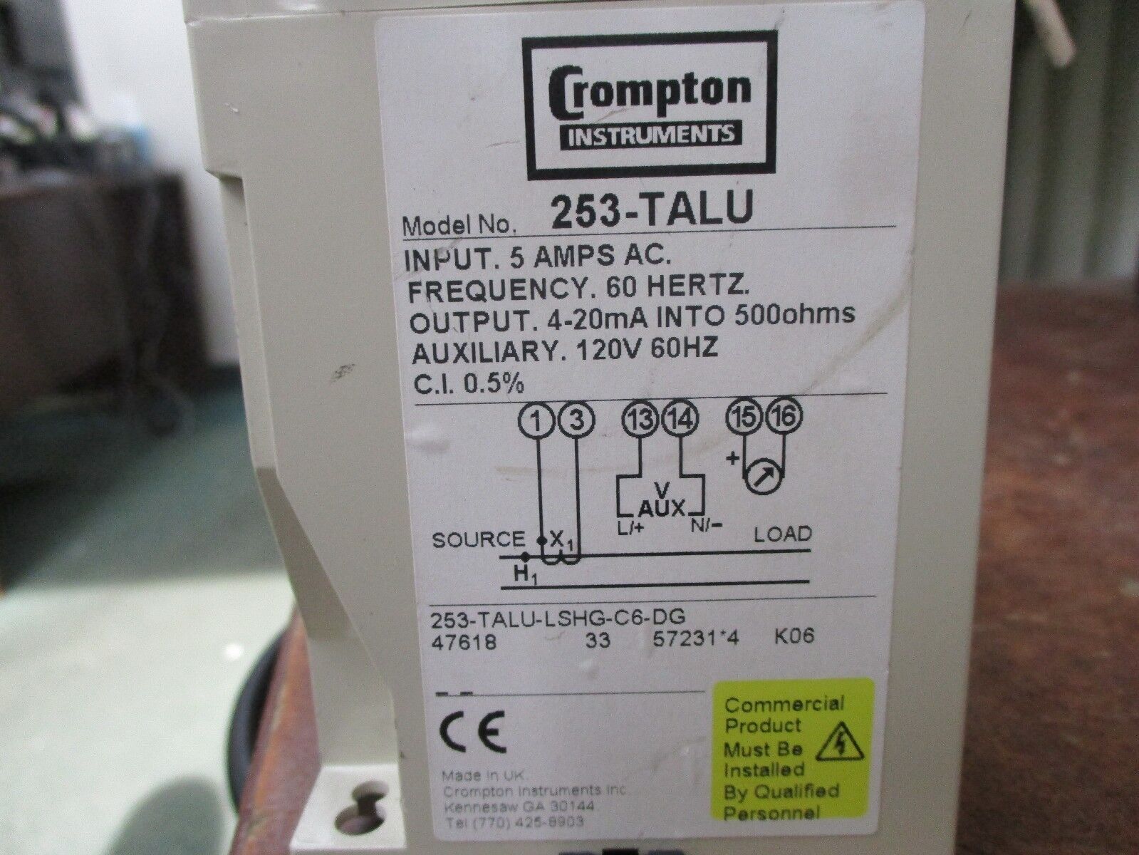 Crompton Paladin Transducer 253-TALU-LSHG-C6-DG Input: 5A AC Aux: 120V 60Hz Used