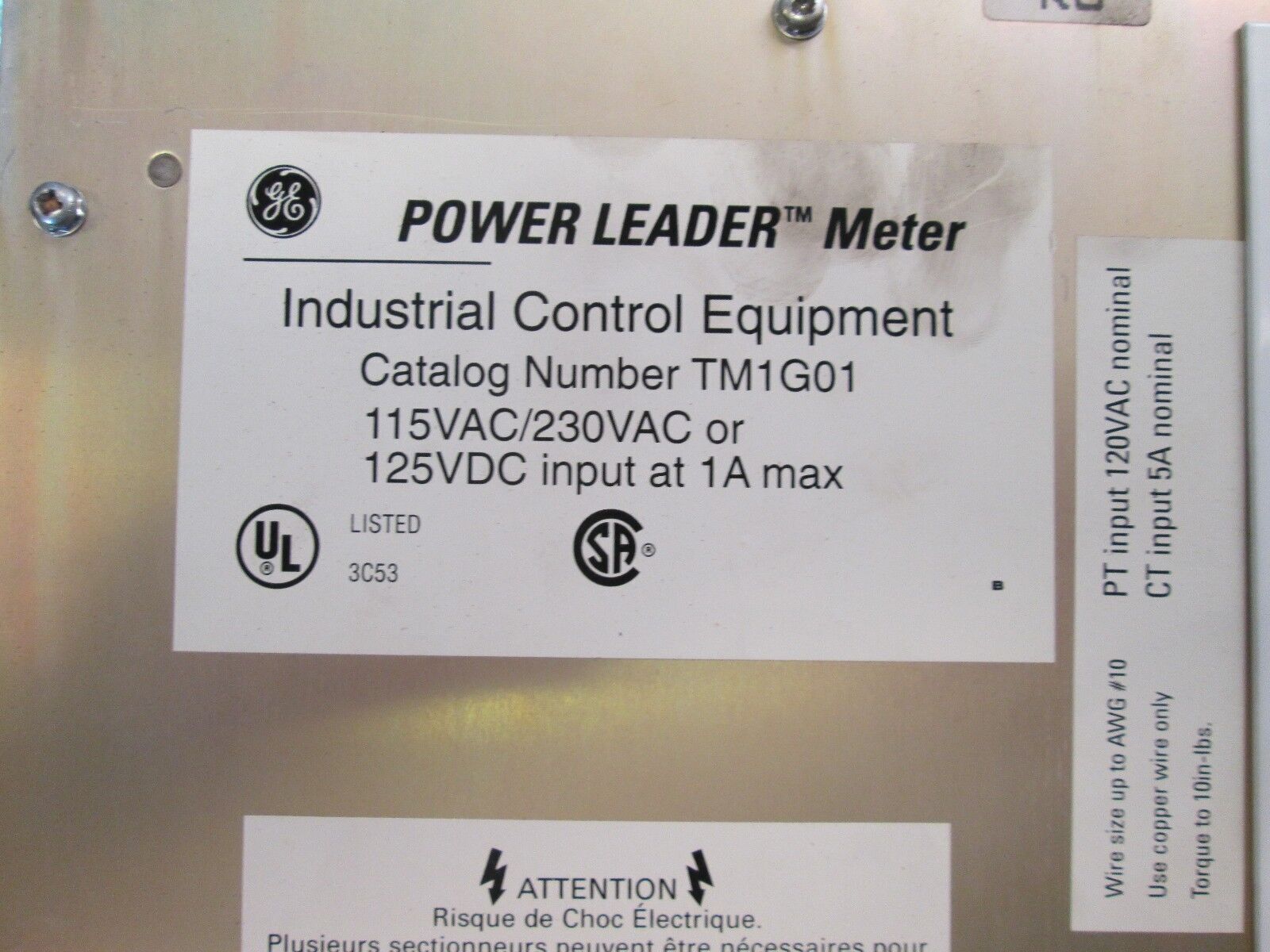 GE Power Leader Meter, TM1G01,115VAC, 125VDC, 230V, 1A, Used