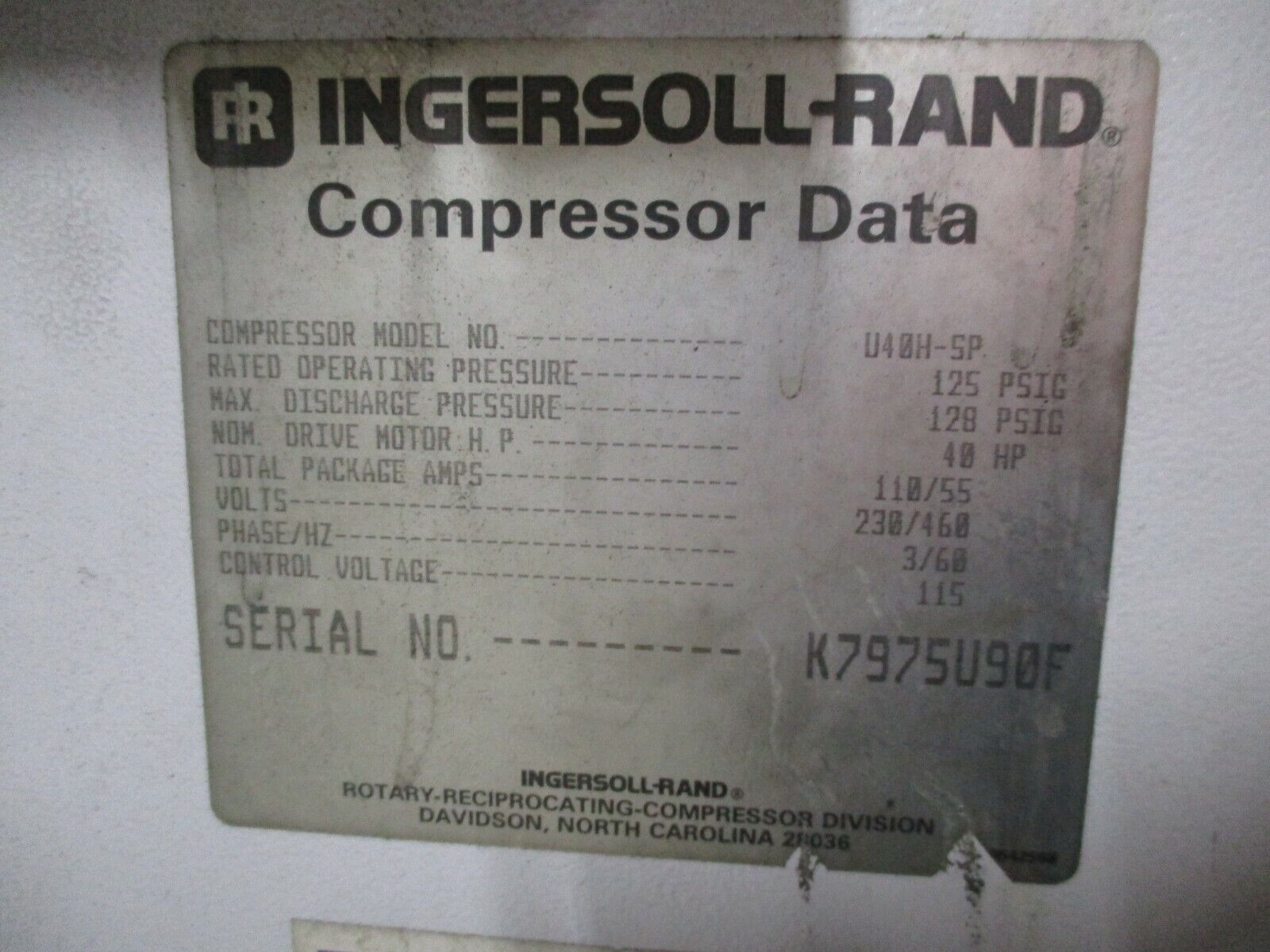 Ingersoll-Rand SSR Compressor U40H-SP 40HP 125PSIG 230/460V 110/55A 3Ph Used