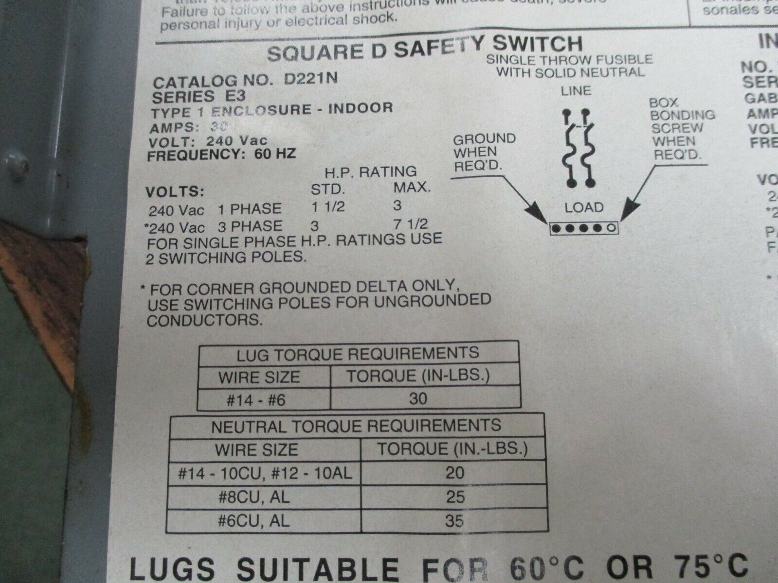 Square D Non-Fusible Safety Switch/Disconnect D221N 30A 240V 60Hz Used