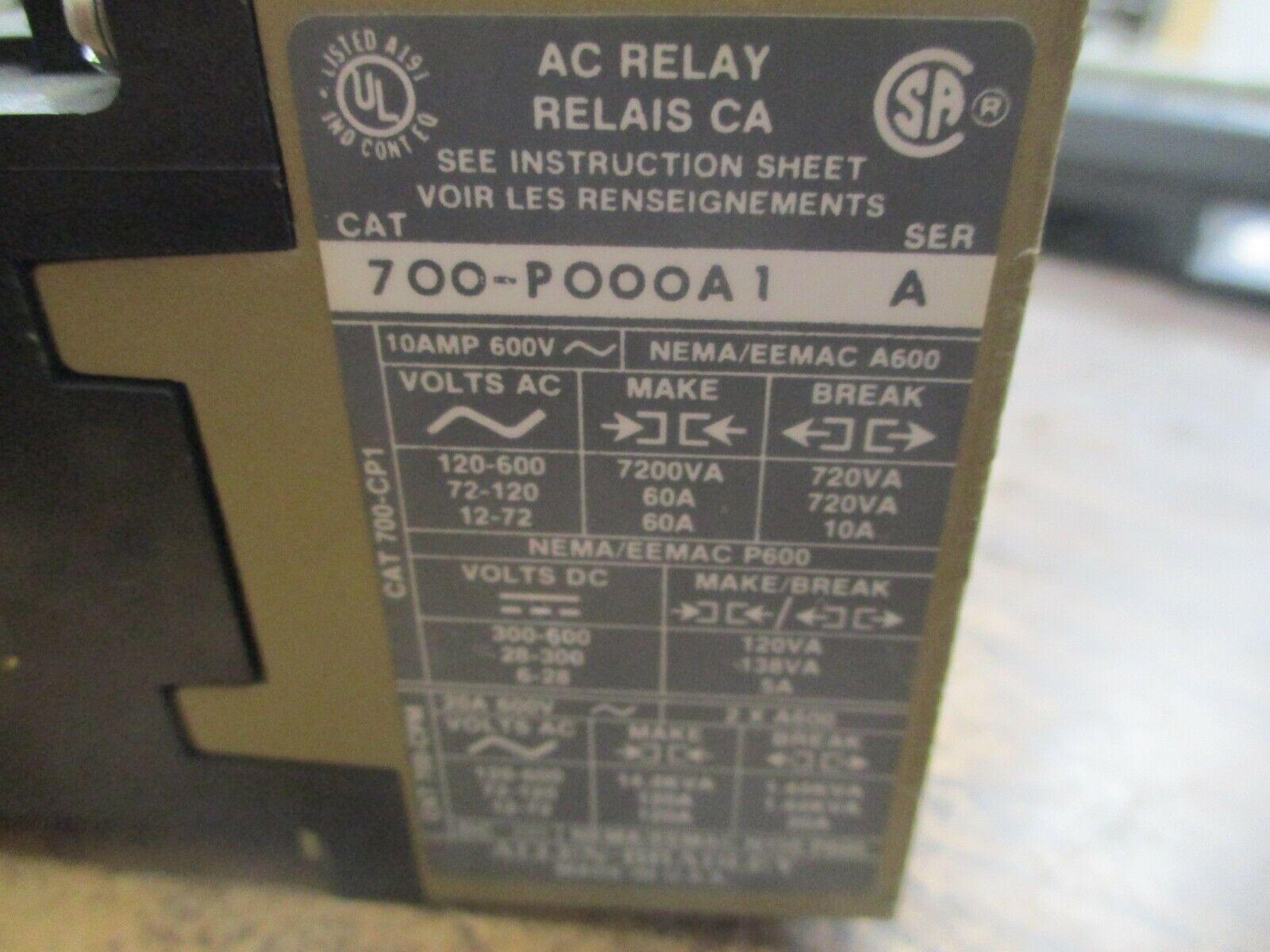 Allen-Bradley Relay w/ Aux Contact Block 700-P000A1 115-120V Coil Used