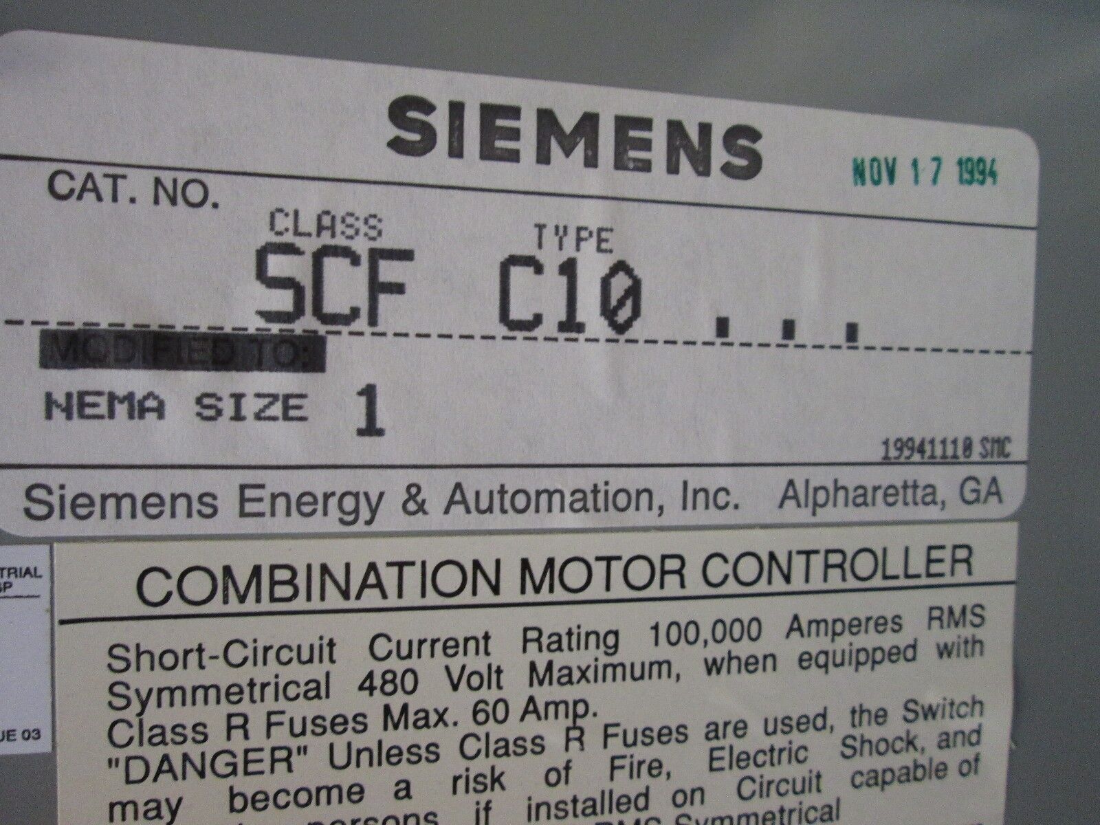 Siemens Fusible Combination SCFC10120 Size 1 120V Coil New Surplus