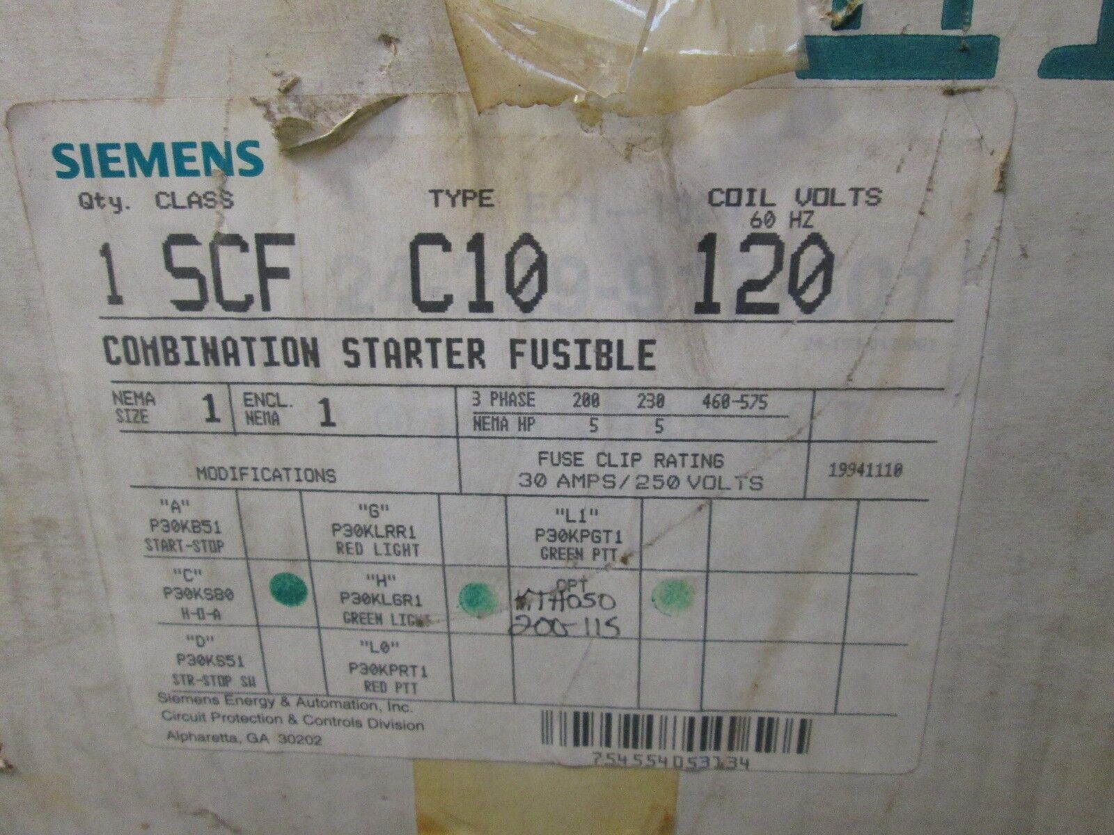 Siemens Fusible Combination SCFC10120 Size 1 120V Coil New Surplus