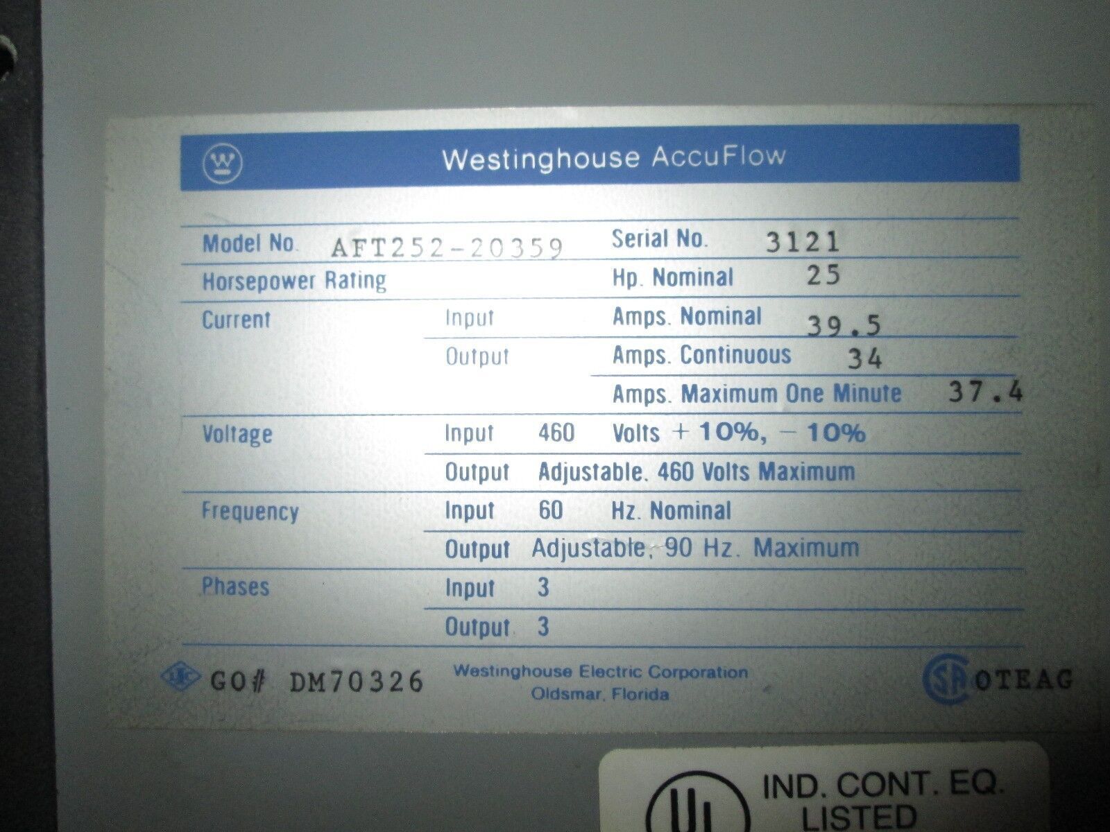 Westinghouse AccuFlow AC Drive w/ Bypass AFT252-20359 25HP Inputs Outputs Used