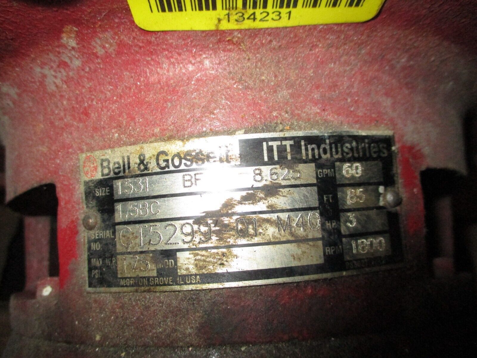 Bell & Gossett Pump 1531 BF 8.625 1.5BC 3HP 1800RPM 60GPM 85FT Head Used