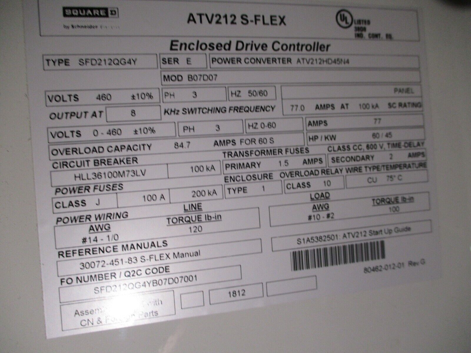 Square D ATV212 S-Flex AC Drive w/ Bypass SFD212QG4Y Ser. E 60Hz 3Ph w/ Keypad