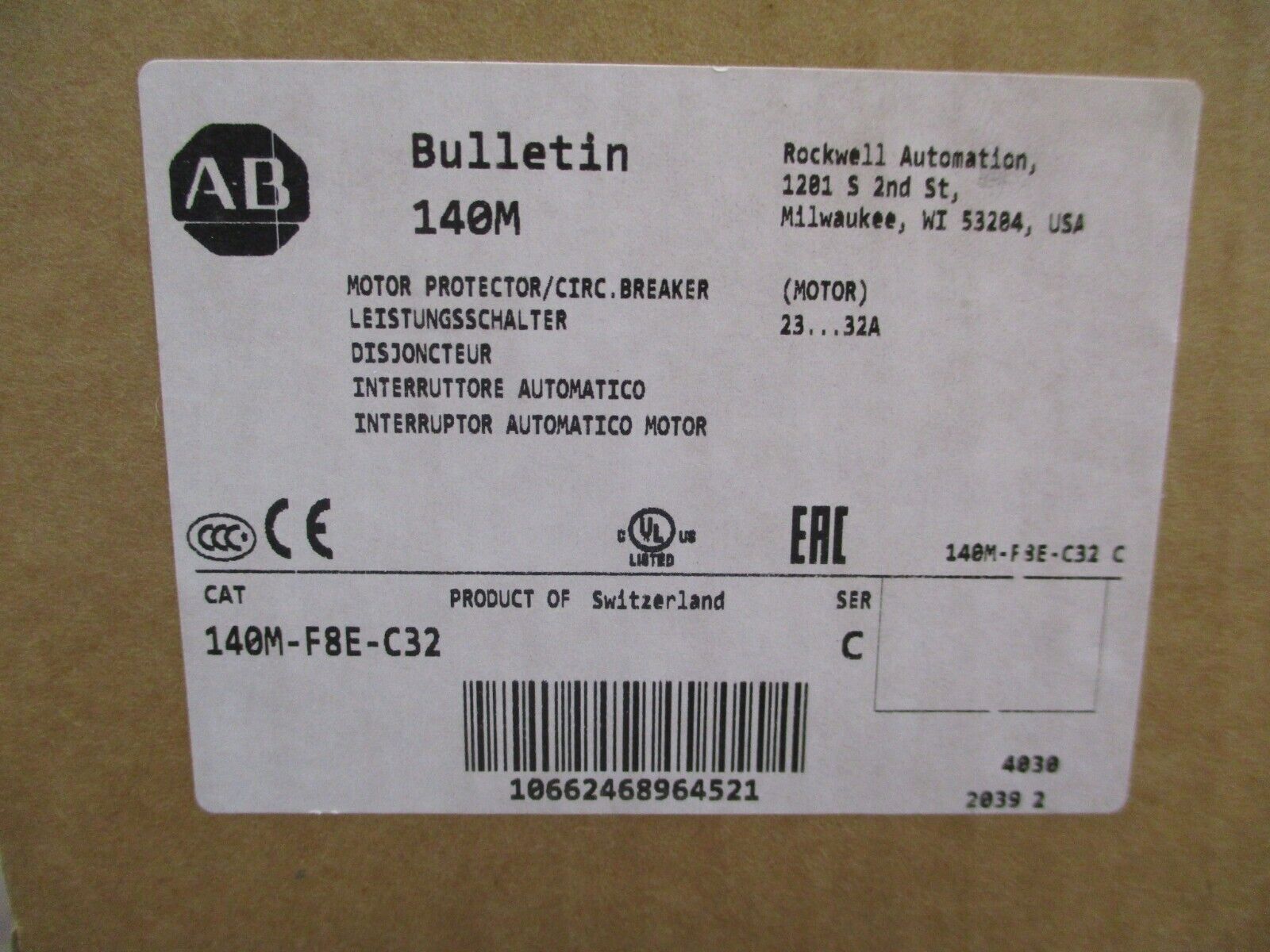 Allen-Bradley Motor Protector 140M-F8E-C32 Ser. C Trip: 23-32A New Surplus