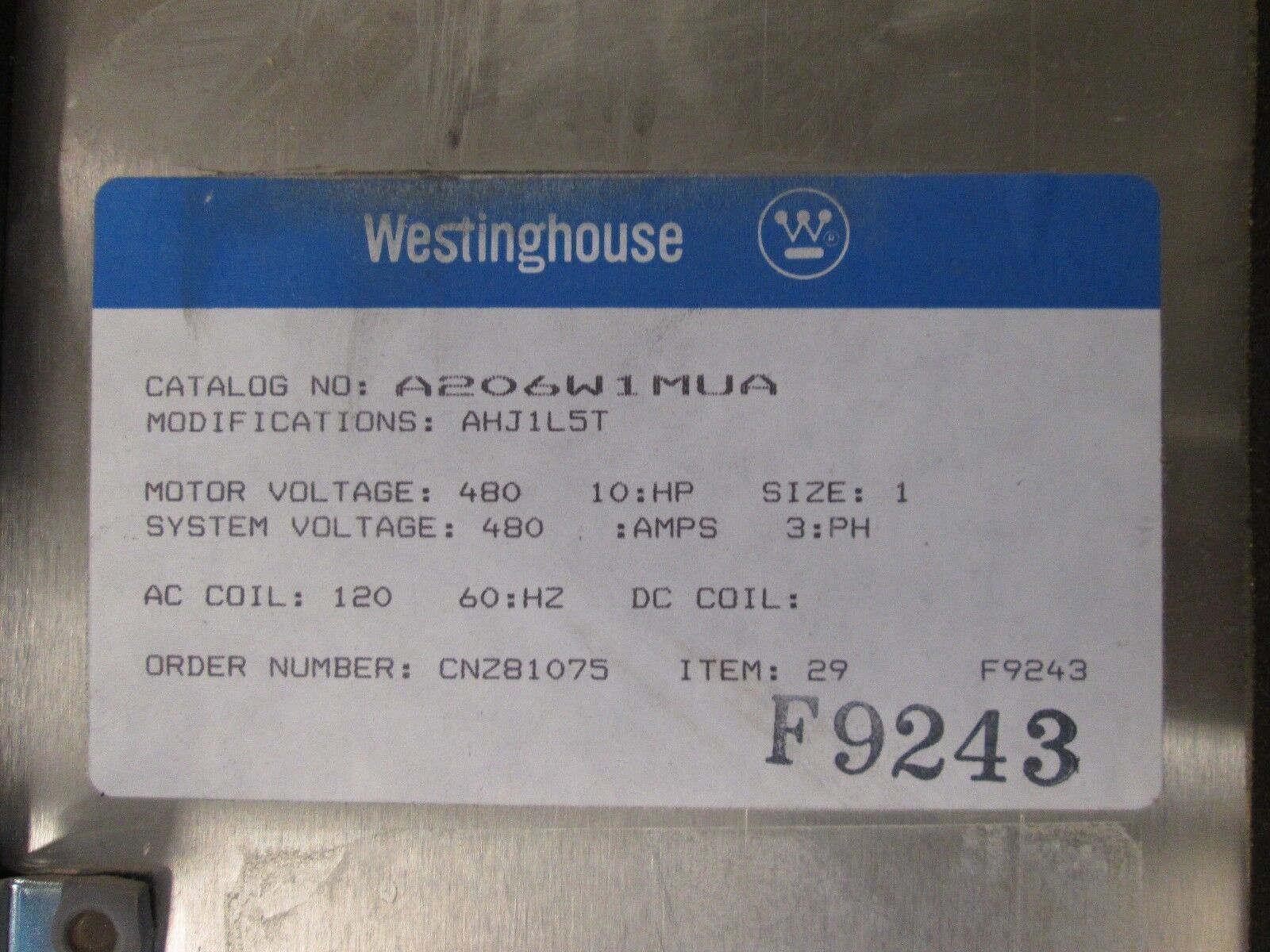 Westinghouse Stainless Steel Breaker Combination A206W1MUA Size 1 7A Breaker