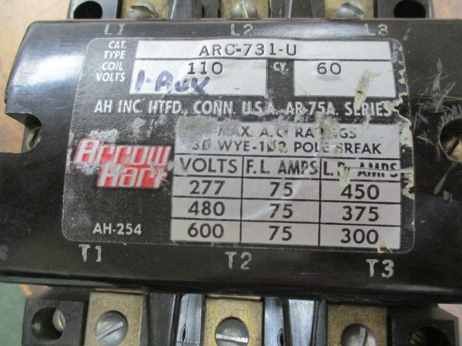 Arrow Hart Contactor ARC-731-U 110V Coil 75A 277-600V Used