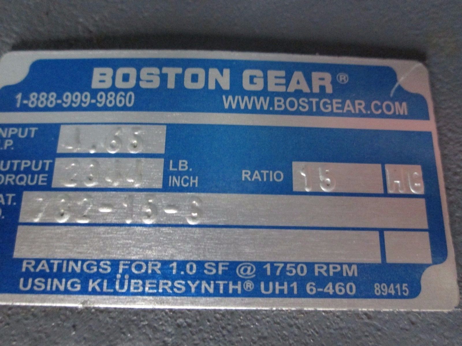 Boston Gear Reducer 732-15-G Ratio 15:1 3.59 HP IN 1688 IN-LB Torque Out Used