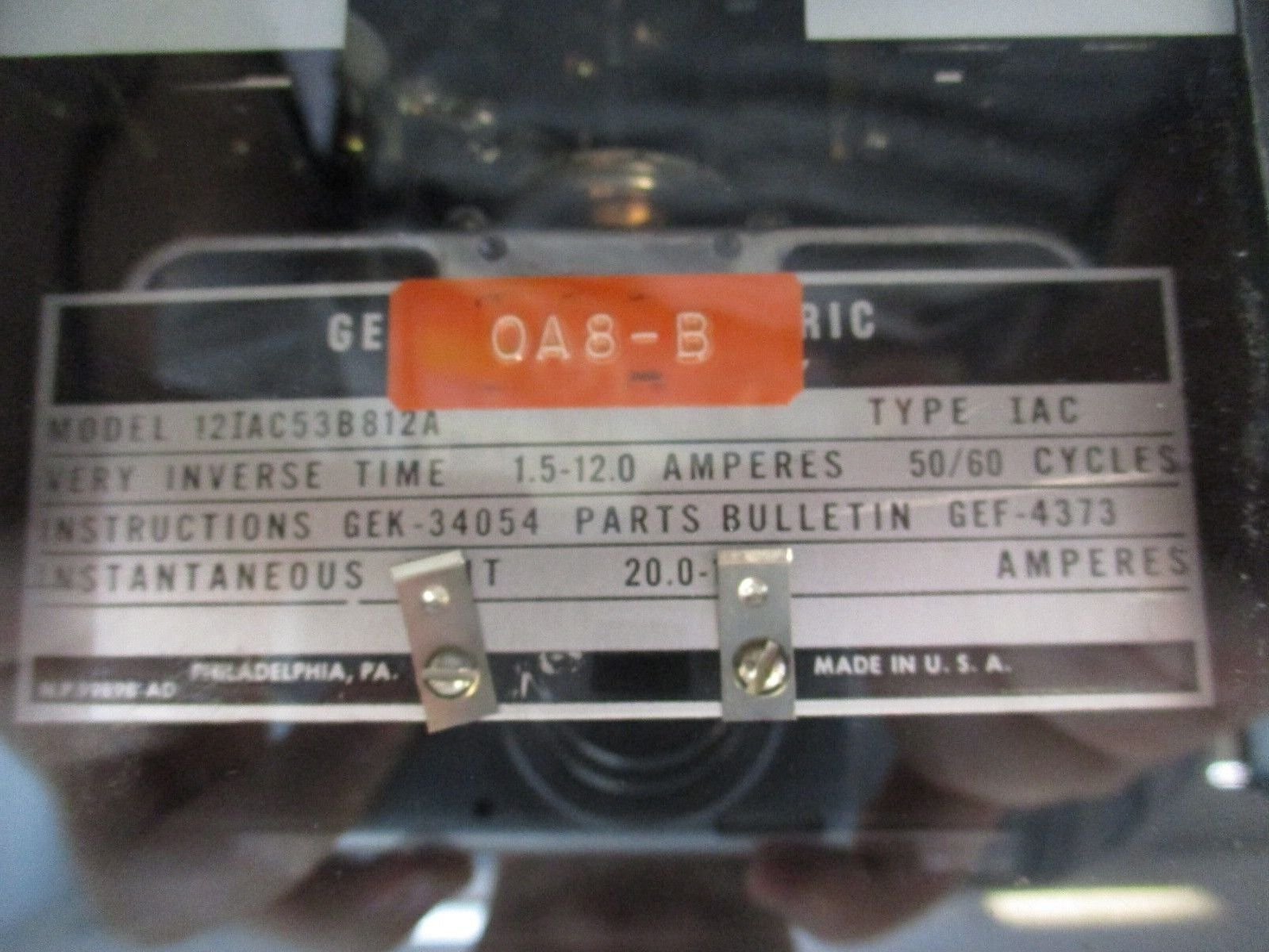 GE Type IAC Time Overcurrent Relay 12IAC53B812A Very Inverse Time 1.5-12A Used