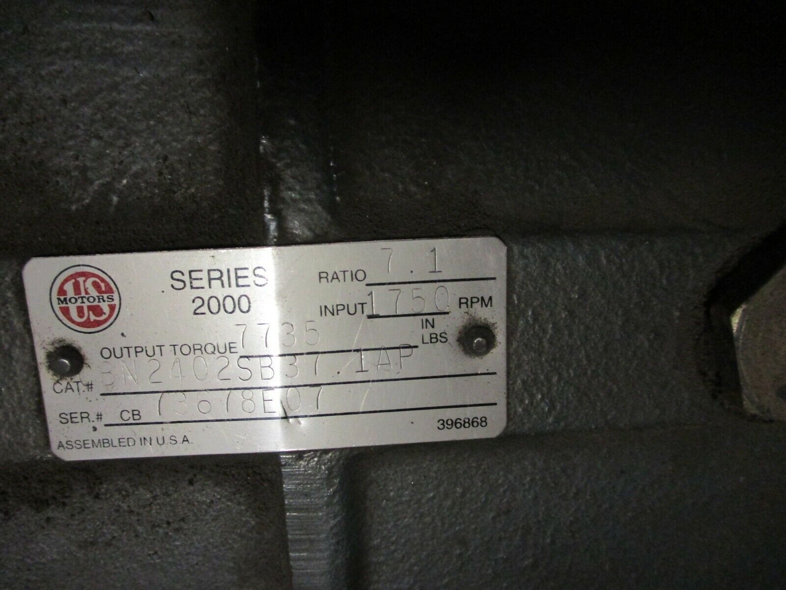 US Motors Series 2000 Reducer CBN2402SB37,1AP Ratio: 7.1:1 1750 RPM Input Used