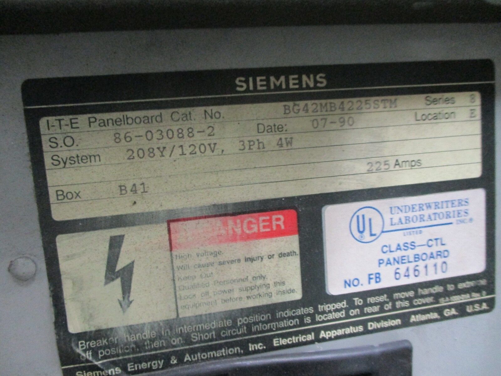 Siemens Main Breaker Circuit Breaker Panel BG42MB4225STM 225A Main 42-Slot Used