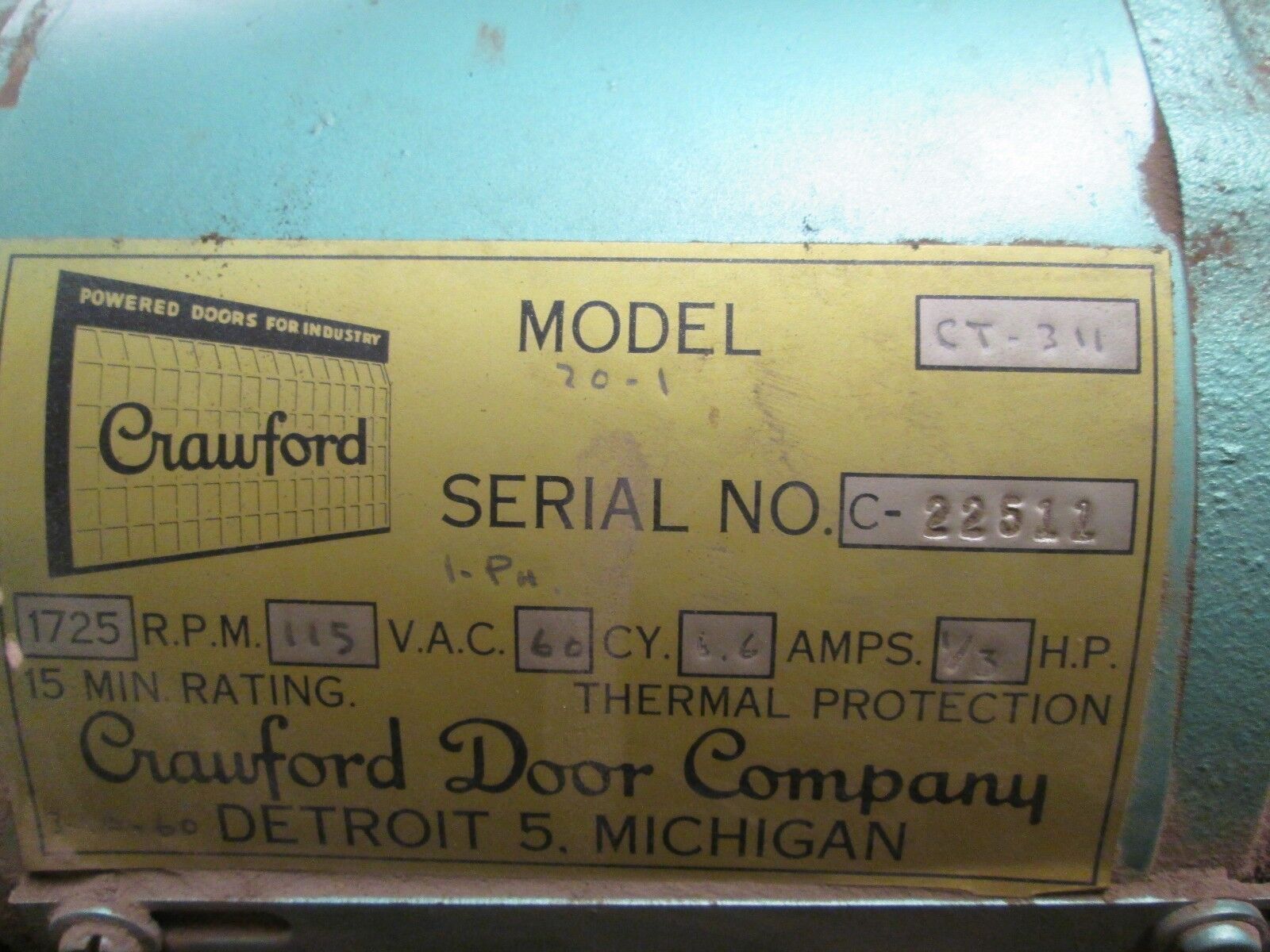 Crawford Door Company Door Motor CT-20 1/3HP 1725RPM 115V 6.6A 60Hz Used