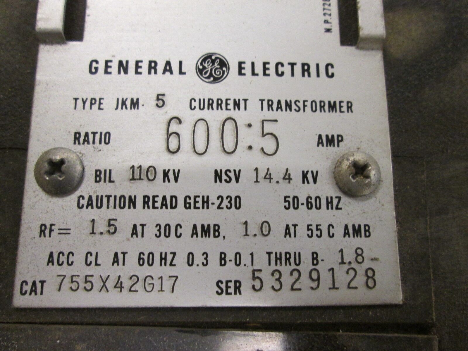 GE JKM 5 Current Transformer 755X42G17 600:5 Ratio Bill 110 KV Used