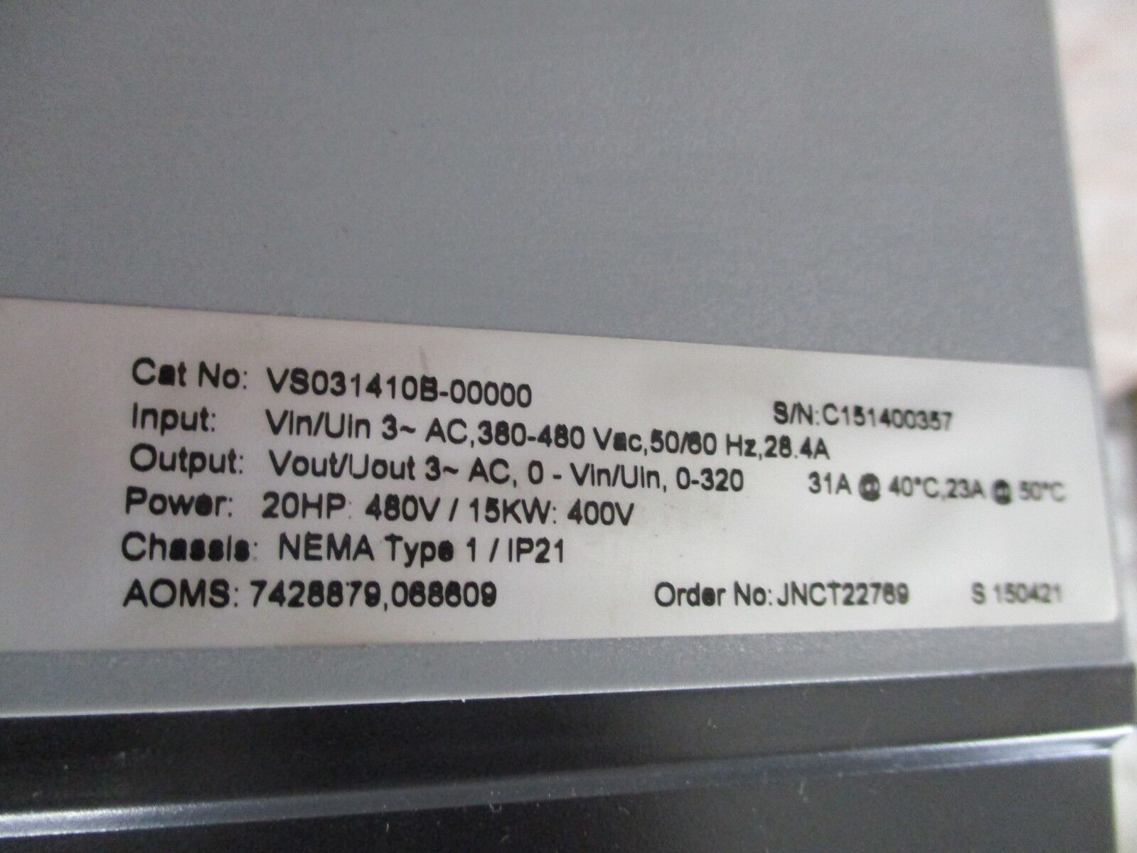 Johnson Controls AC Drive VS031410B-00000 20HP 3Ph Used