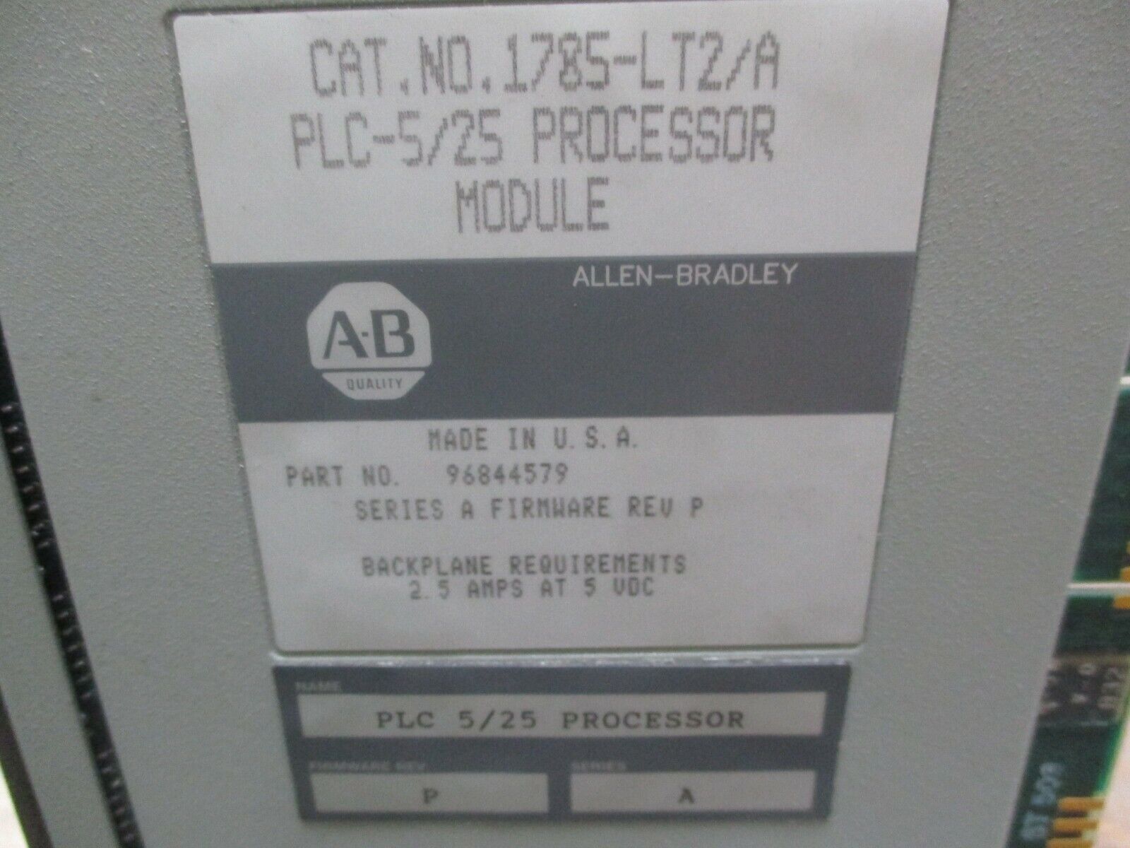 Allen-Bradley PLC-5/25 Processor Module 1785-LT2/A Ser. A F/W Rev. P Used