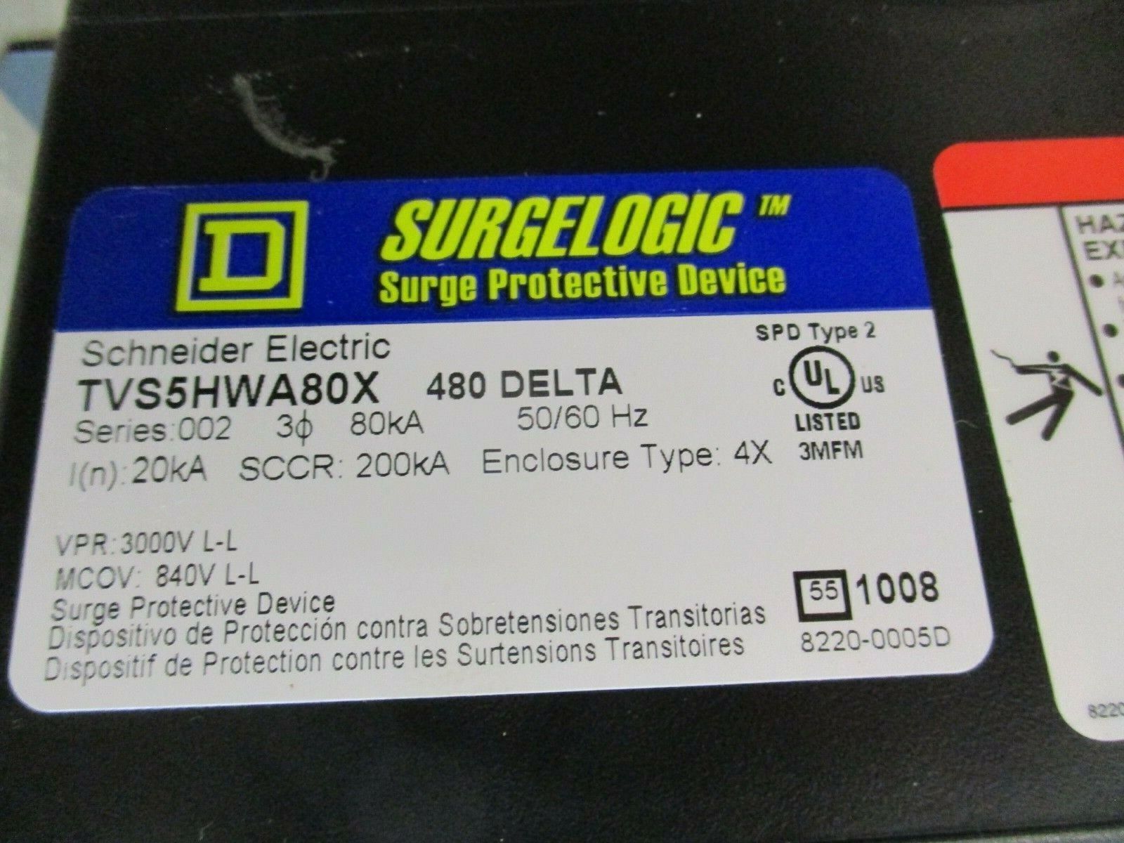 Square D Type HWA Surge Protective Device TVS5HWA80X 480V 50/60 Hz Used