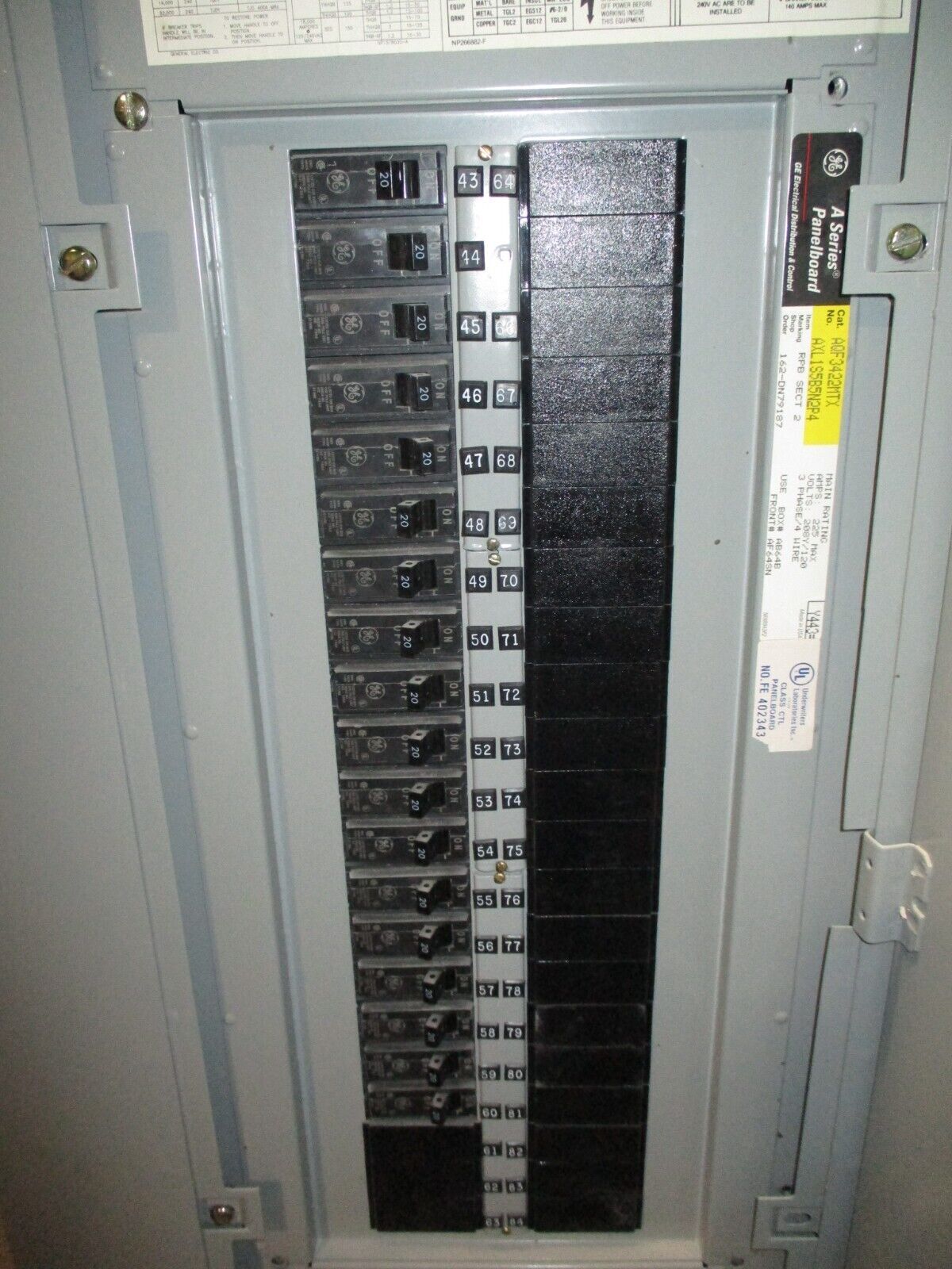 GE Main Lug Breaker Panel AQF3422MTX 225A Max 208/120V 3Ph 4W *No Lugs* Used