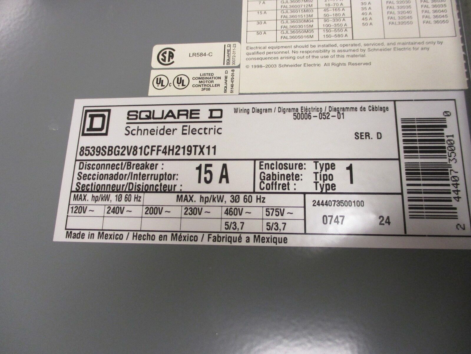 Square D Size 0 Breaker Combination 8539SBG2V81CFF4H219TX11 120V Coil Used