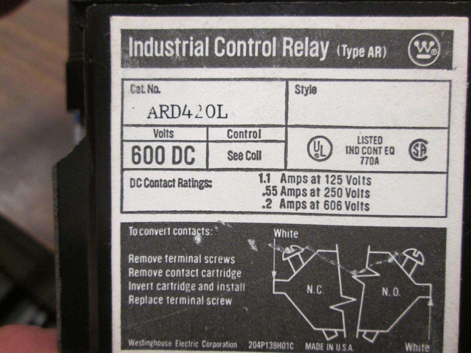 Westinghouse Control Relay ARD420L 24 VDC Coil 600V DC Used