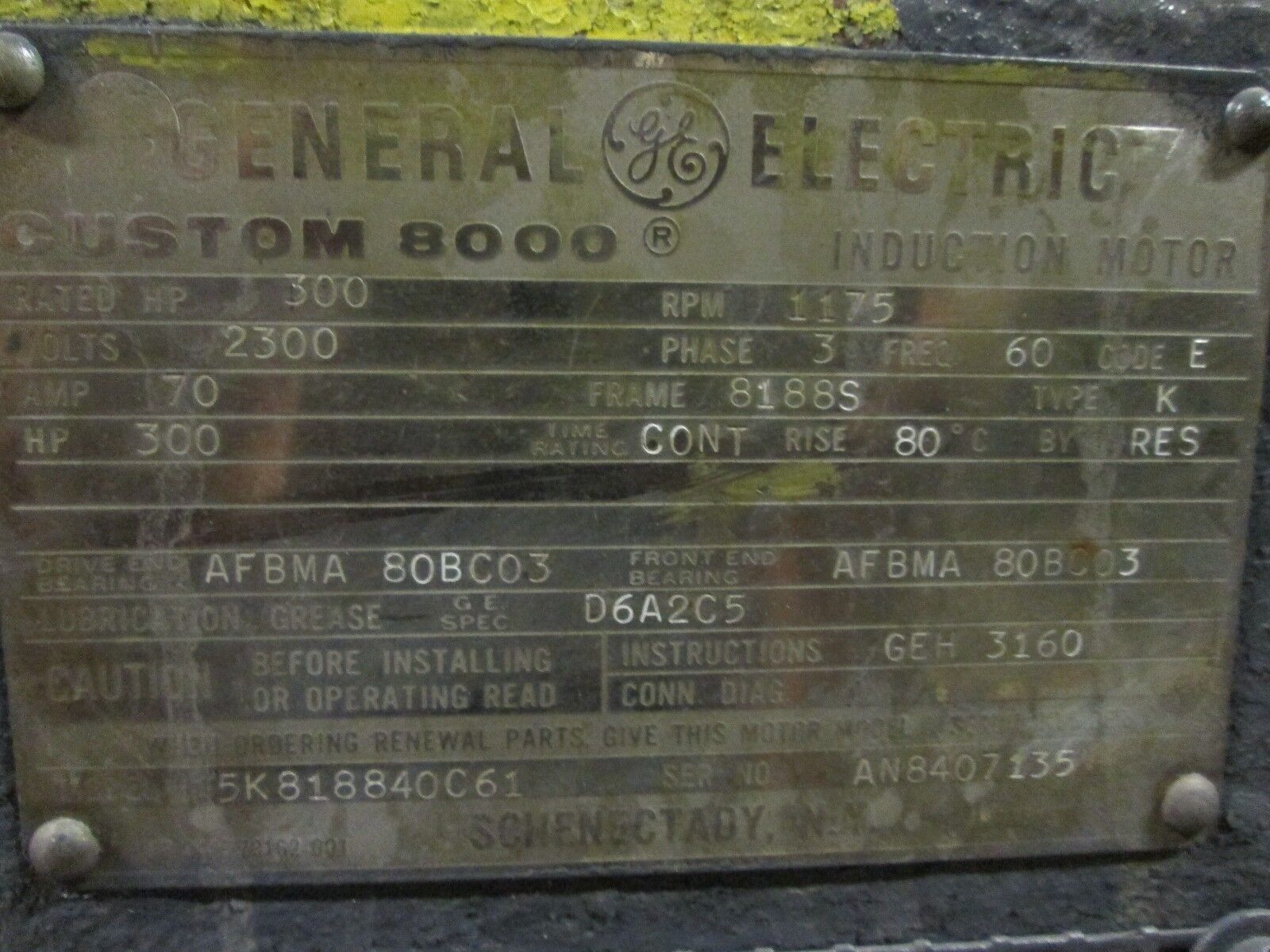 GE Motor 5K818840C61 300HP 1200 RPM 8188S Frame 2300V 170A