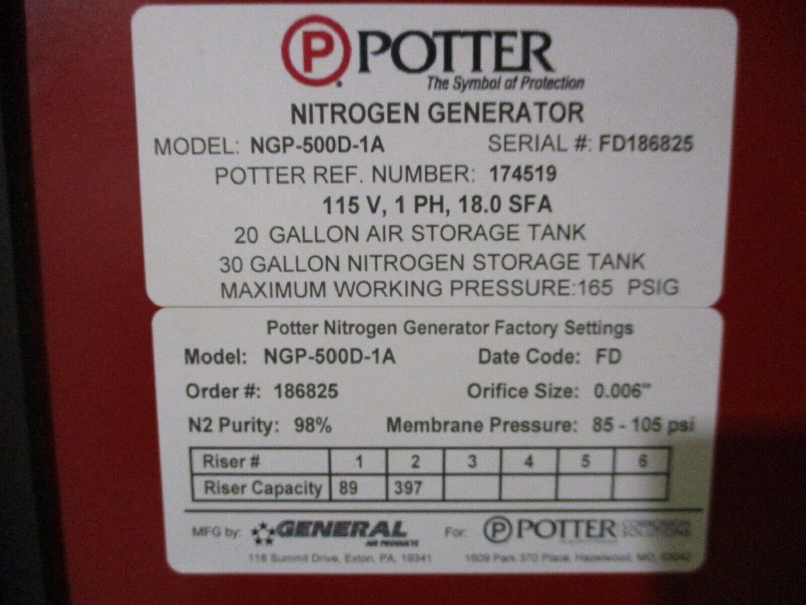 Potter NGP-500D Nitrogen Generator NGP-500D-1A 20 Gal Air Tank 115V 1Ph Used
