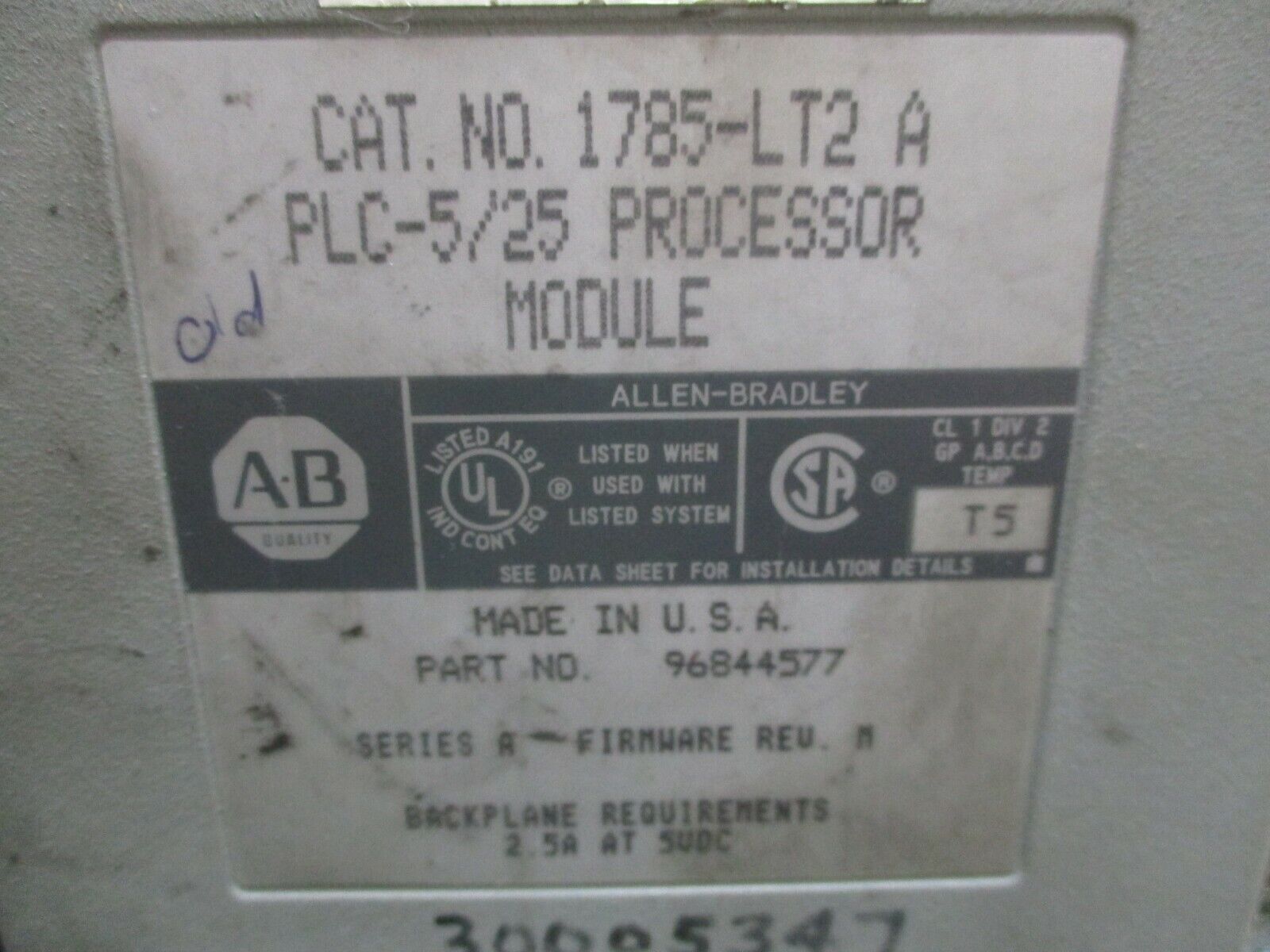 Allen-Bradley PLC-5/25 Processor Module 1785-LT2 A Ser. A F/W Rev. M Used