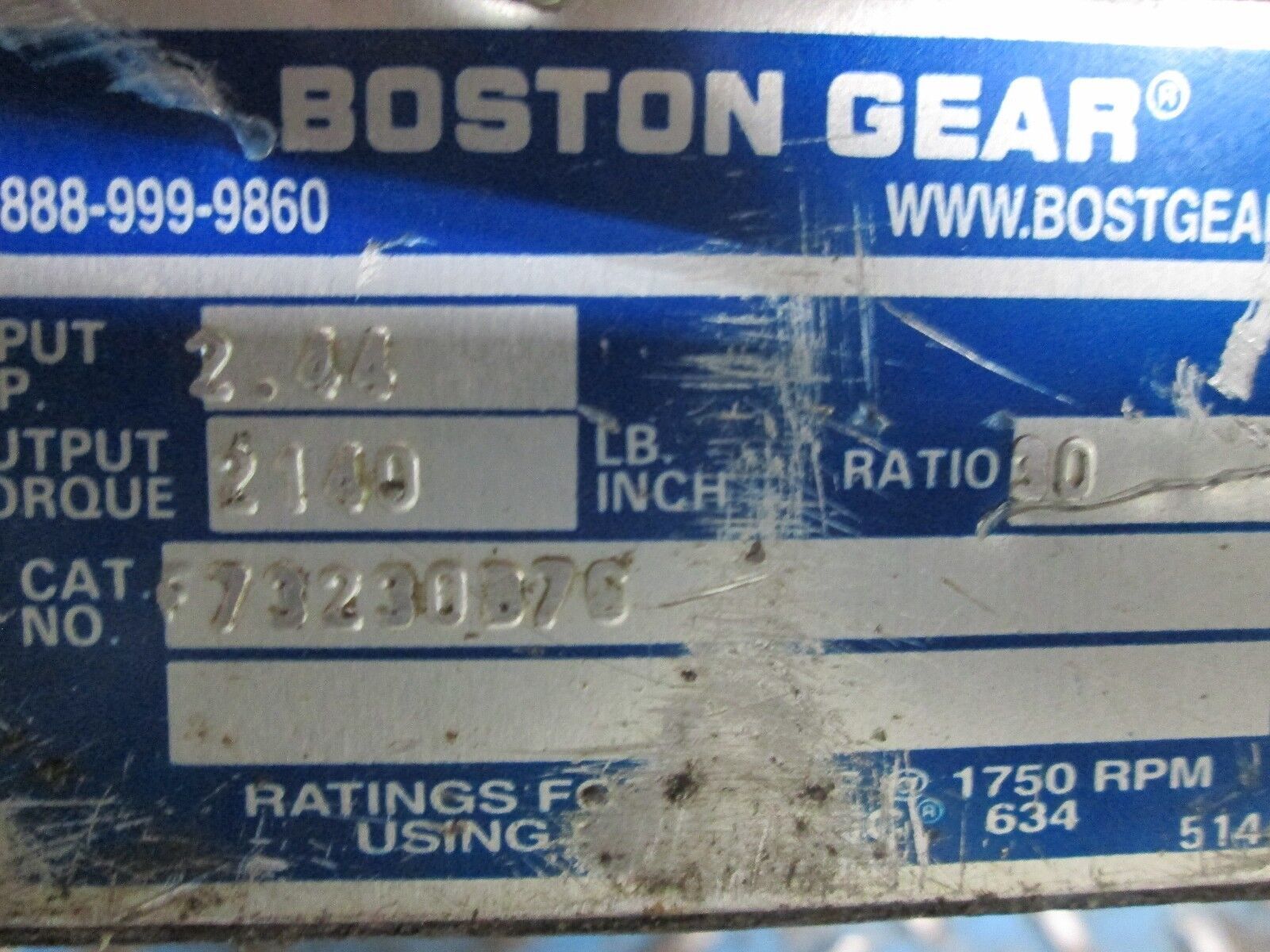 Boston Gear Reducer F732-30-B7-G Ratio 30:1 2.44HP IN 2140 IN-LB Torque Out Used