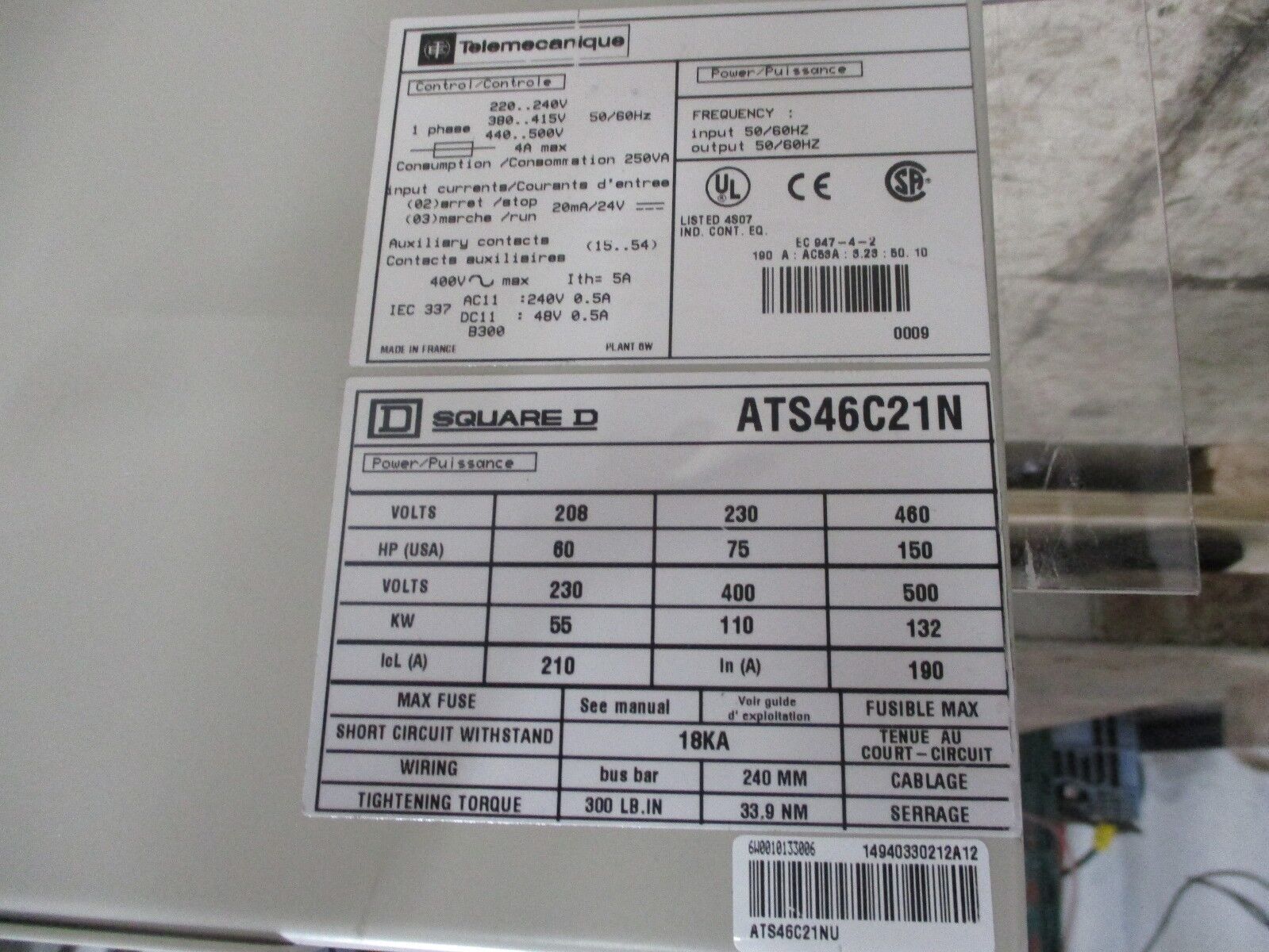 Square D Altivar 46 Soft Start ATS46C21N 150HP 460V 190A 50/60Hz Used