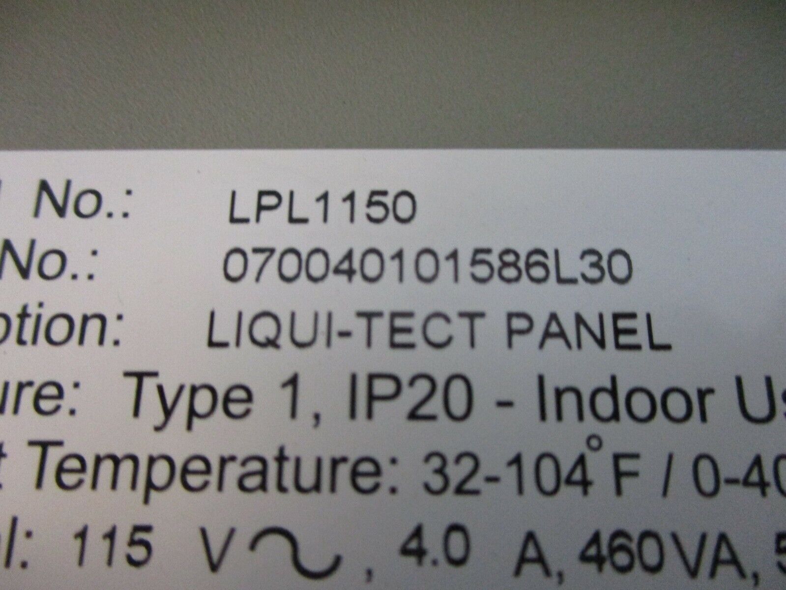 Liebert Liqui-Tect System Panel LPL1150 115V 4.0A 460VA 50/60Hz Type 1 Enclosure