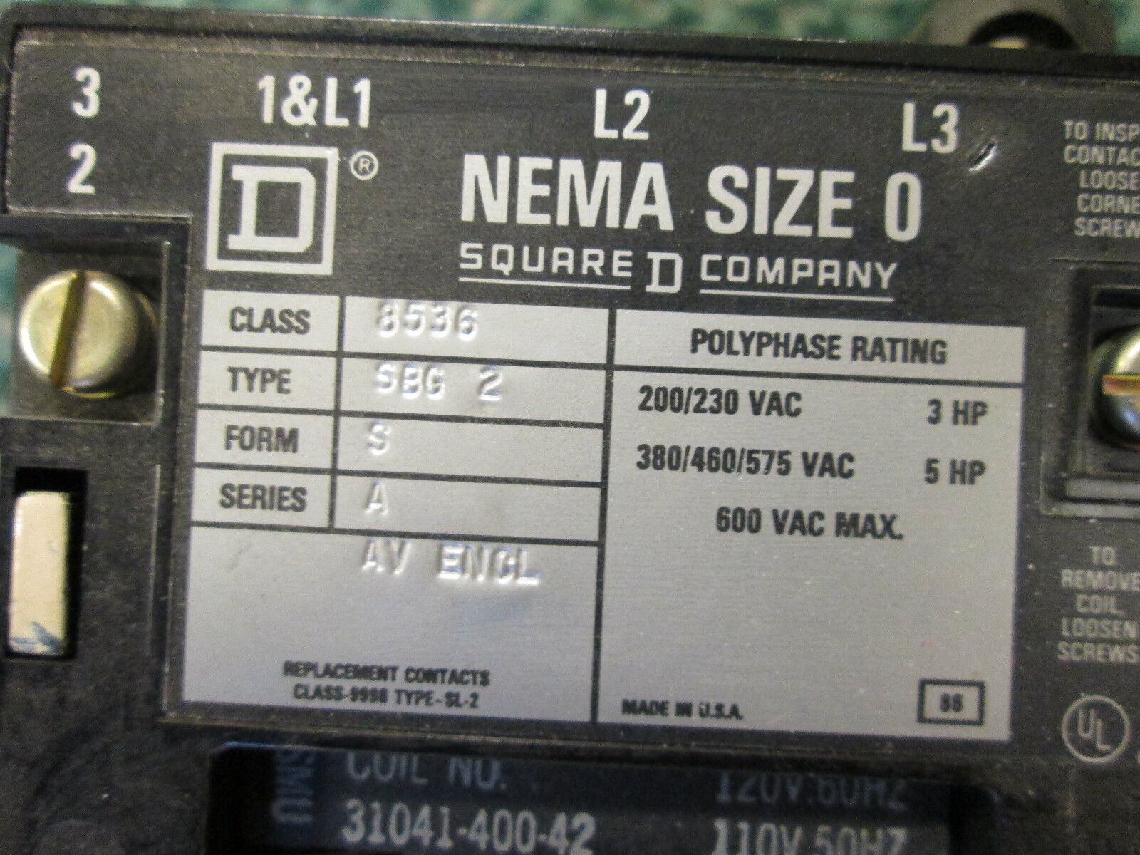 Square D Size 0 Starter 8536SBG2 120 V coil Thermal overload