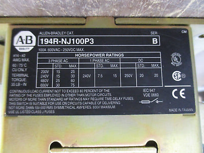 Allen-Bradley Fusible Disconnect Switch 194R-NJ100P3 Ser. B 100A 600V 3Ph Used