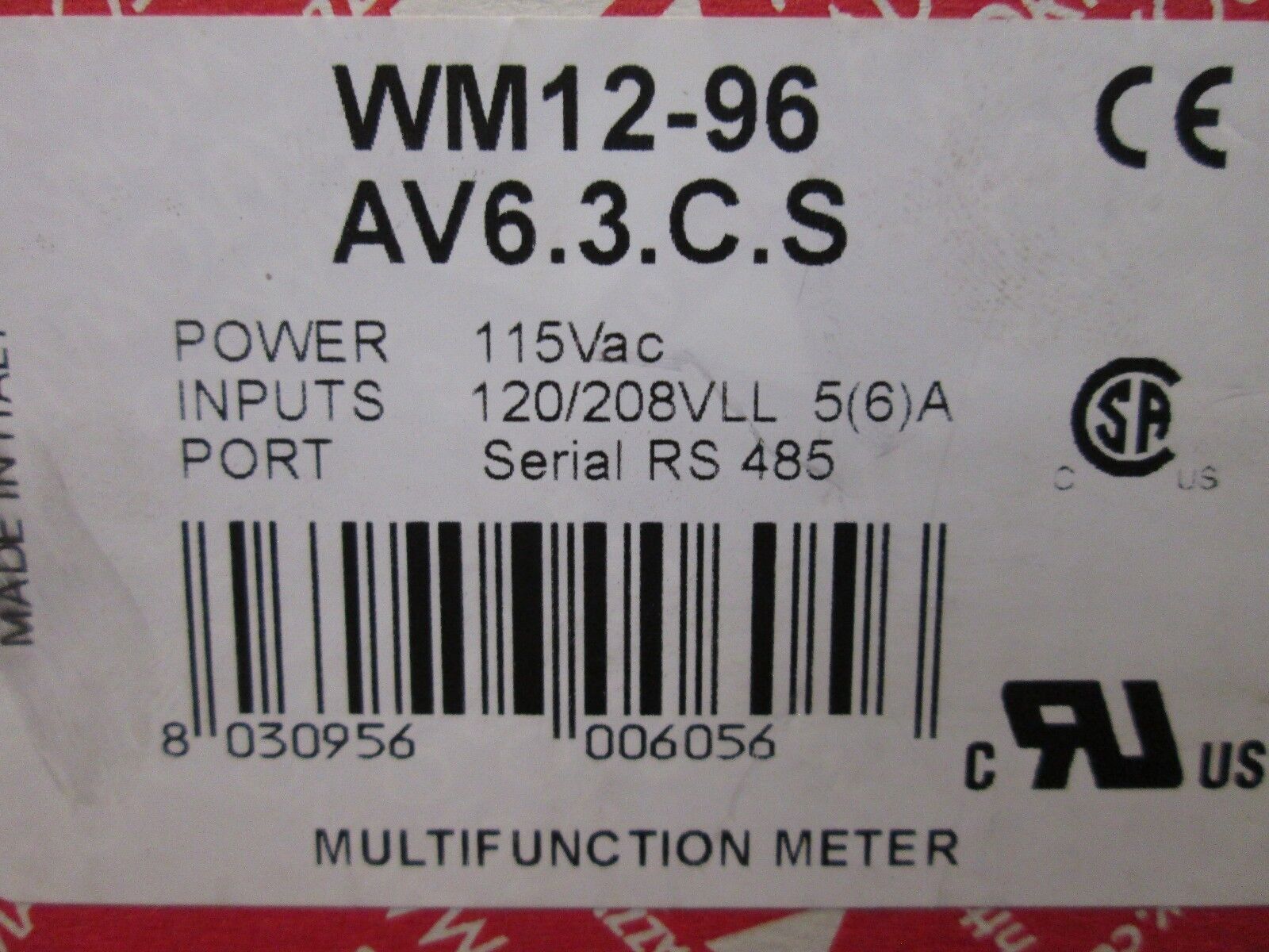 Carlo Gavazzi Multi-Function Meter WM12-96.AV6.3.C.S Input: 120/208V New Surplus