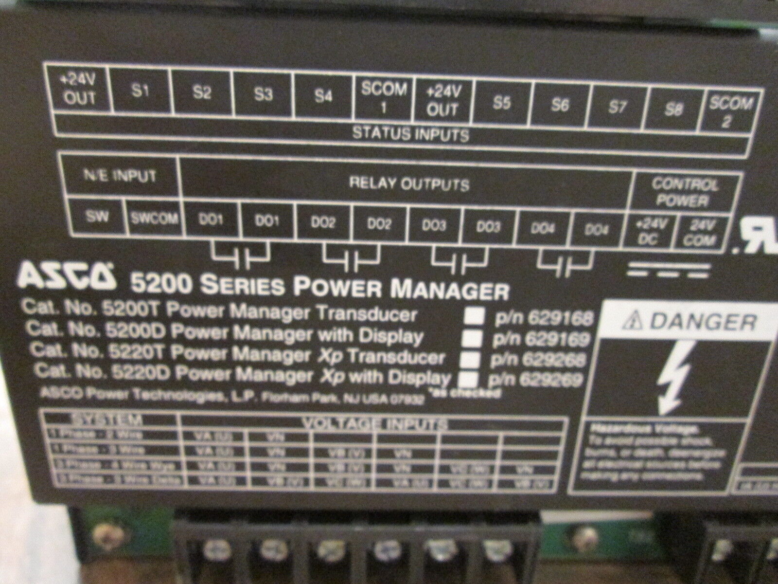 ASCO Power Manager 5200 Supply: 24VDC 0.4A 9.6VA Input: 120-060VAC 5A Used
