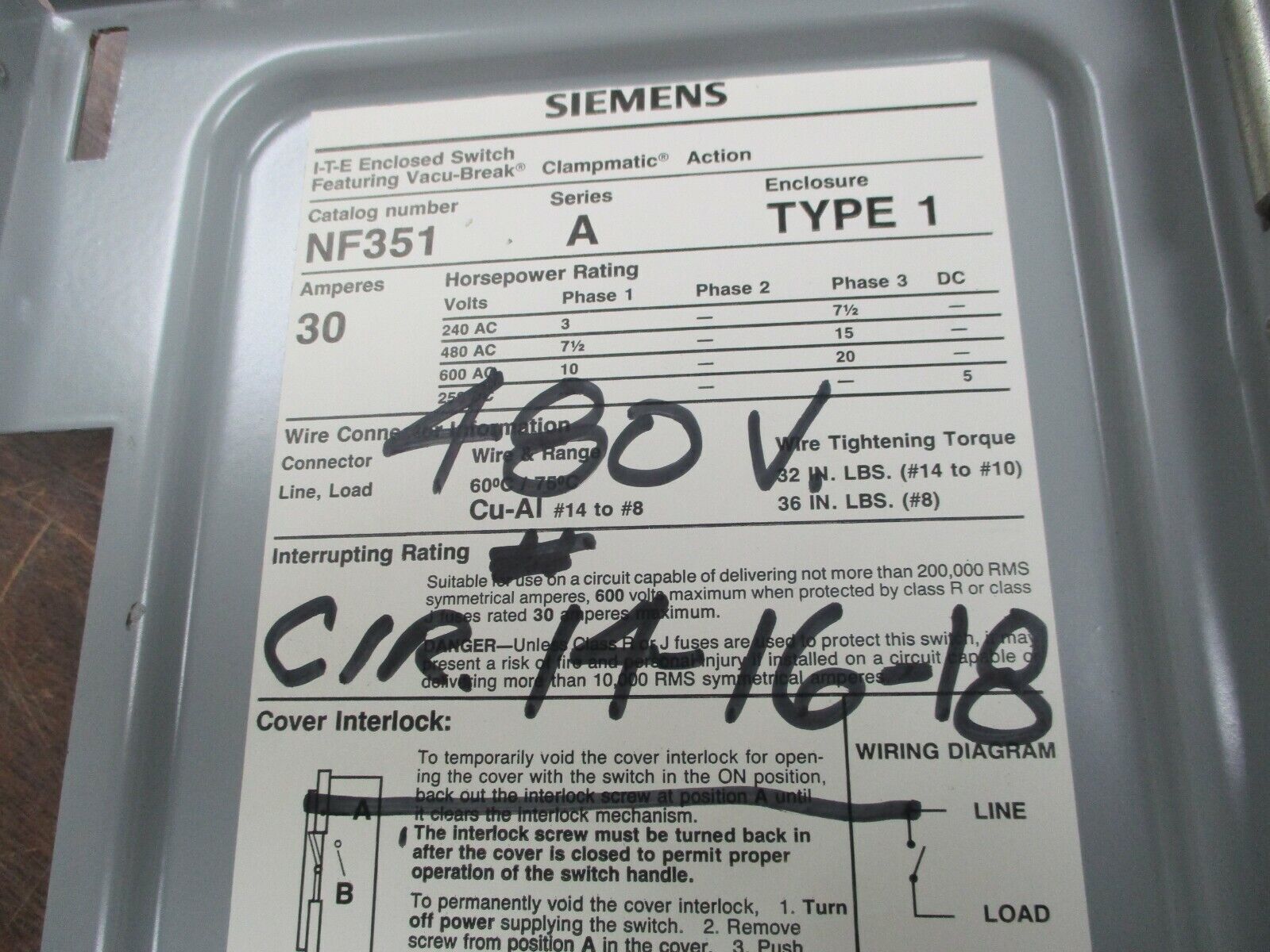 Siemens Non-Fusible Safety Switch/Disconnect NF351 30A 600V 3Ph Used