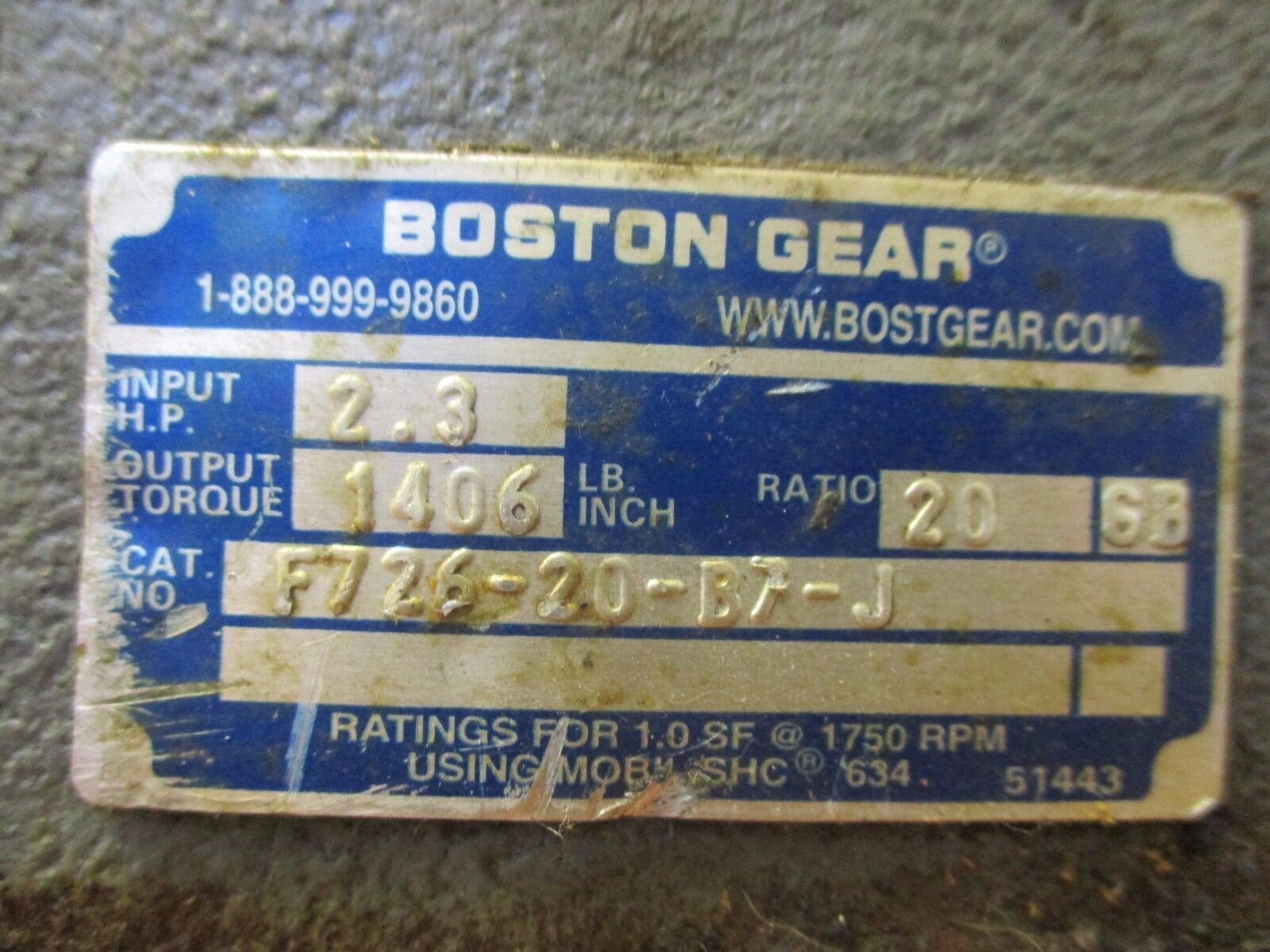 Boston Gear Reducer F726-20-B7-J Ratio 20:1 2.3Hp In 1406 In-LB Torque Out Used