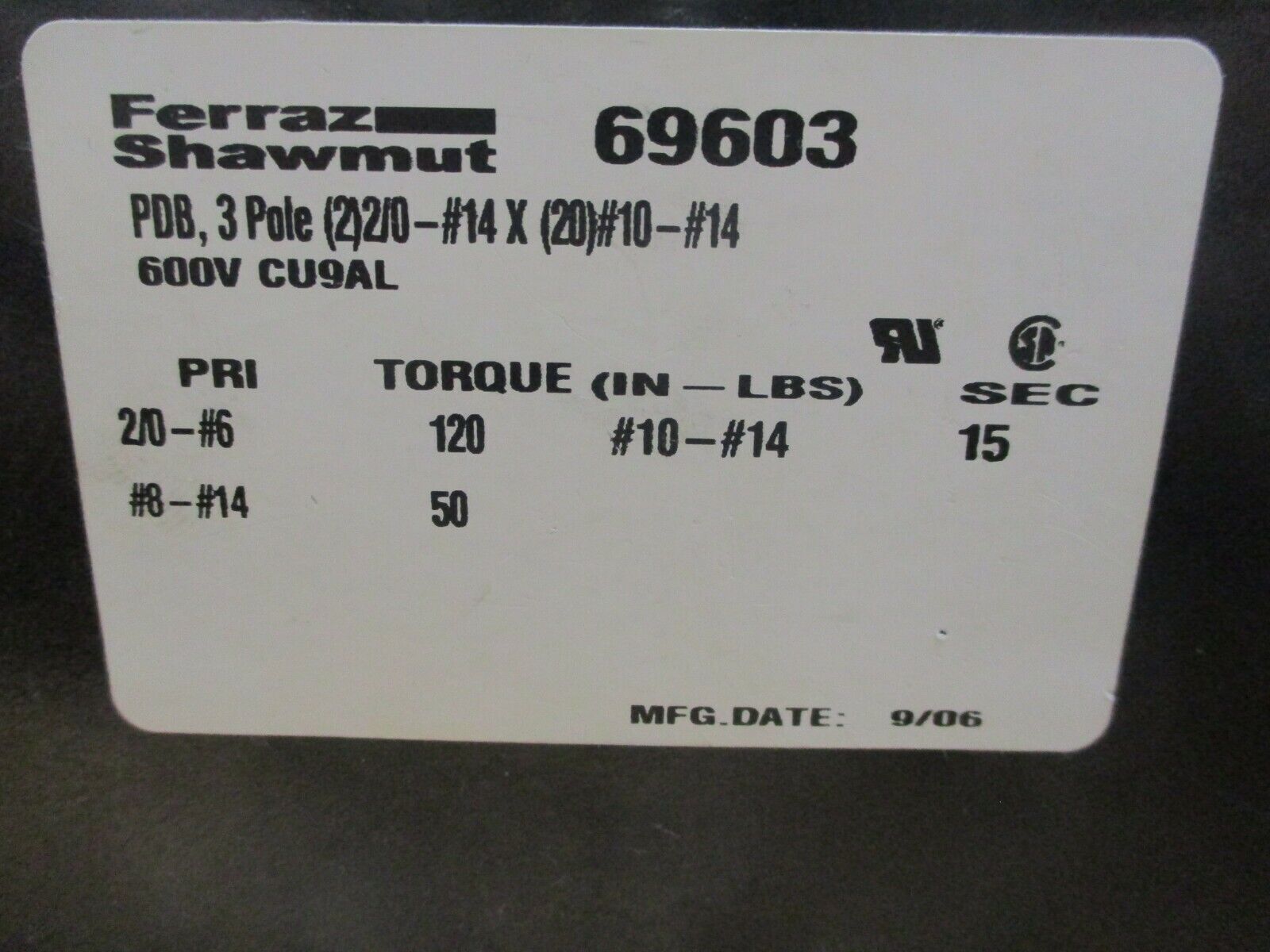 Ferraz Shawmut Power Distribution Block 69603 Line(2): 2/0-#14 Load(20):#10-#14