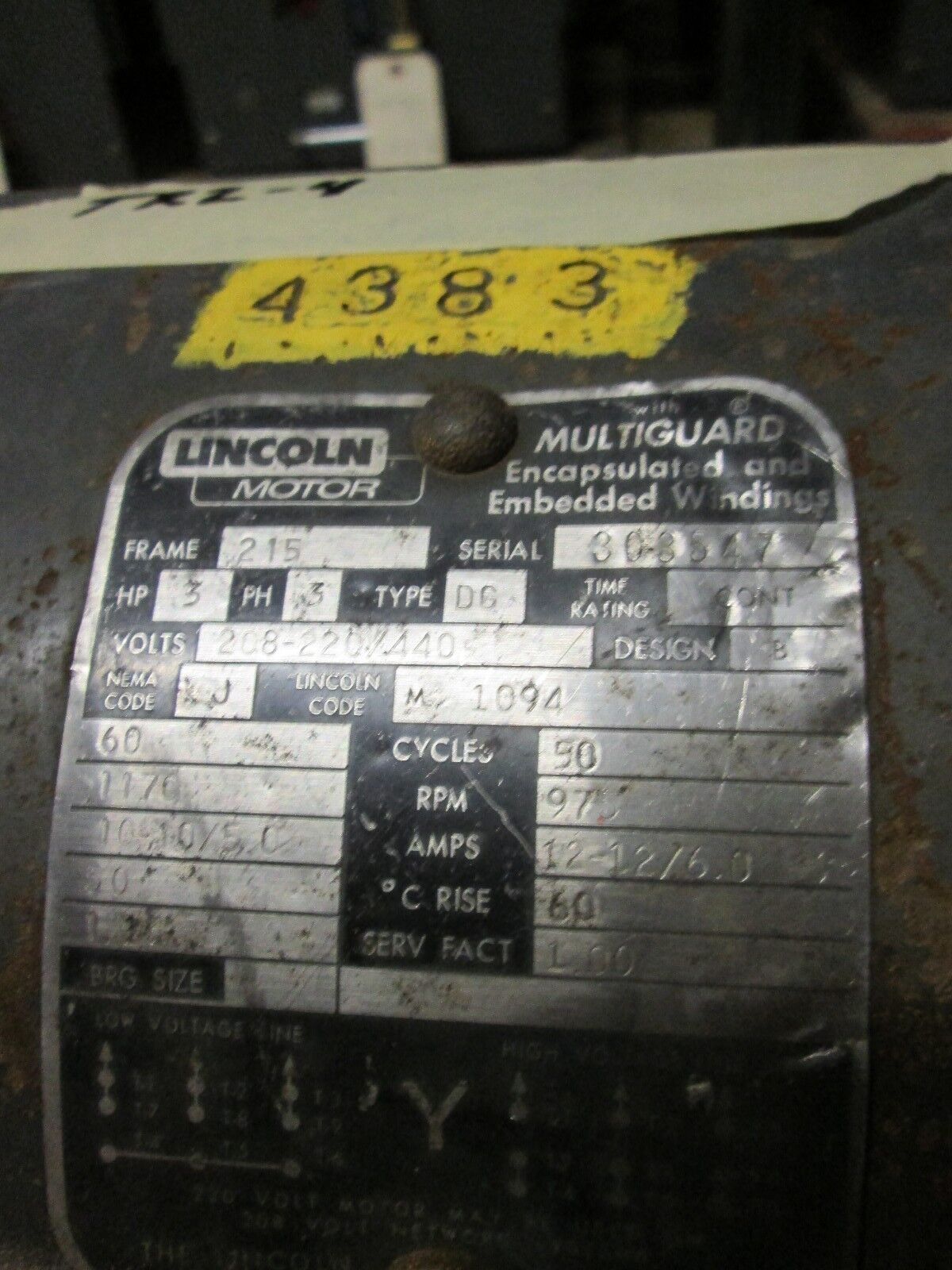 Lincoln Motors Motor M 1094 3HP 1170/975 RPM's 215 Frame 208-220/440V