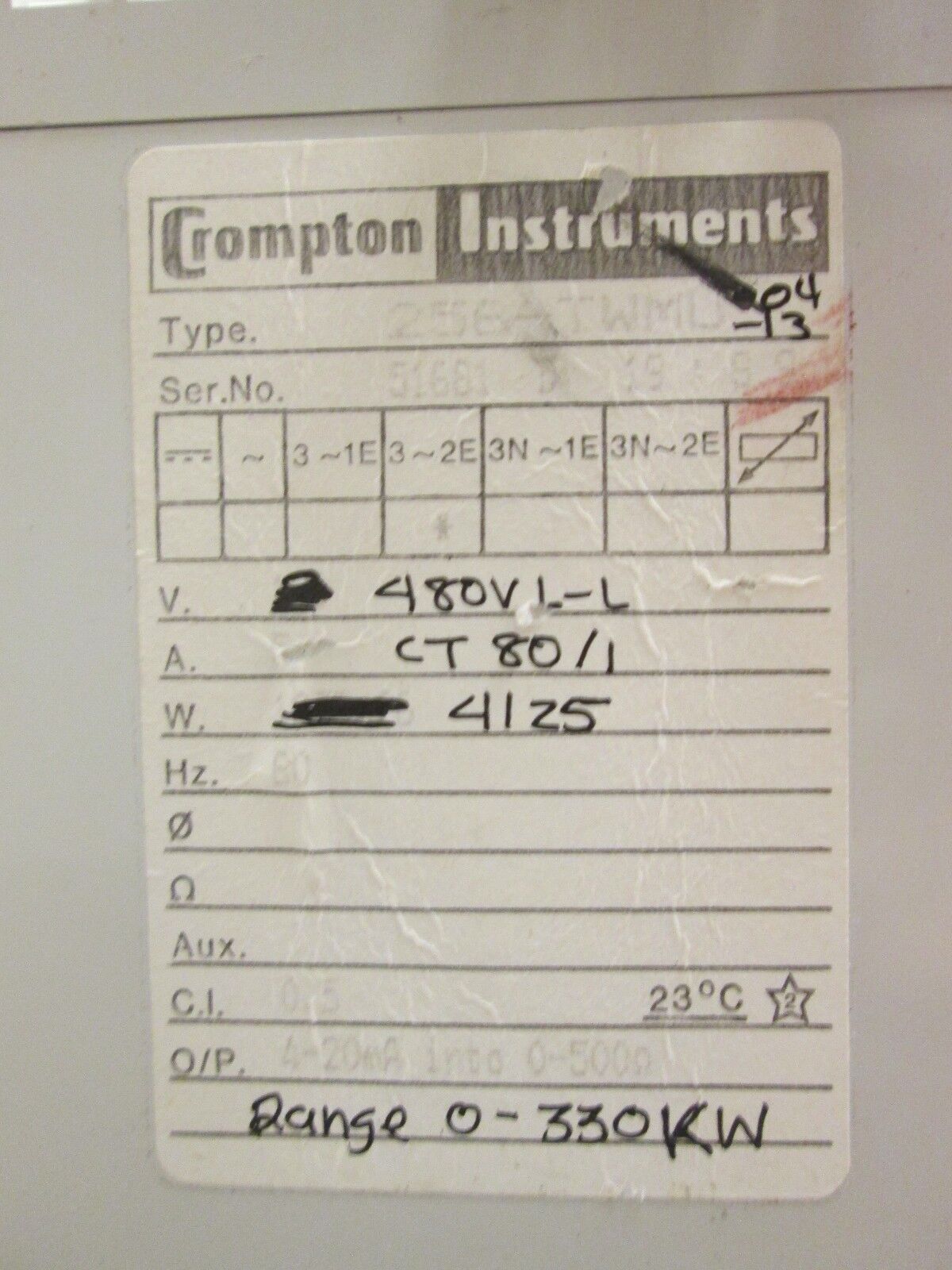 Crompton Transducer 256-TWMU-P34 480V L-L CT 80/1 4125W 60Hz Used