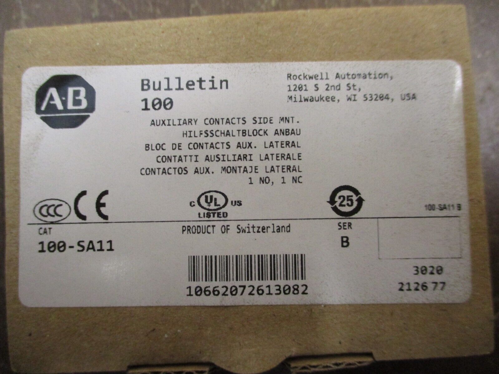 Allen-Bradley Aux. Contact 100-SA11 Ser. B 1 N.O. 1 N.C. New Surplus