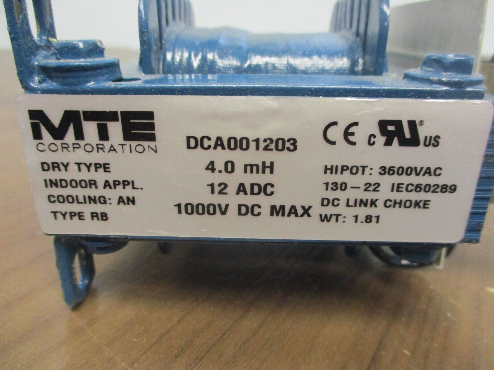MTE DC Link Choke DCA001203 4.0mH 12A DC 1000V DC Hipot: 3600VAC Used