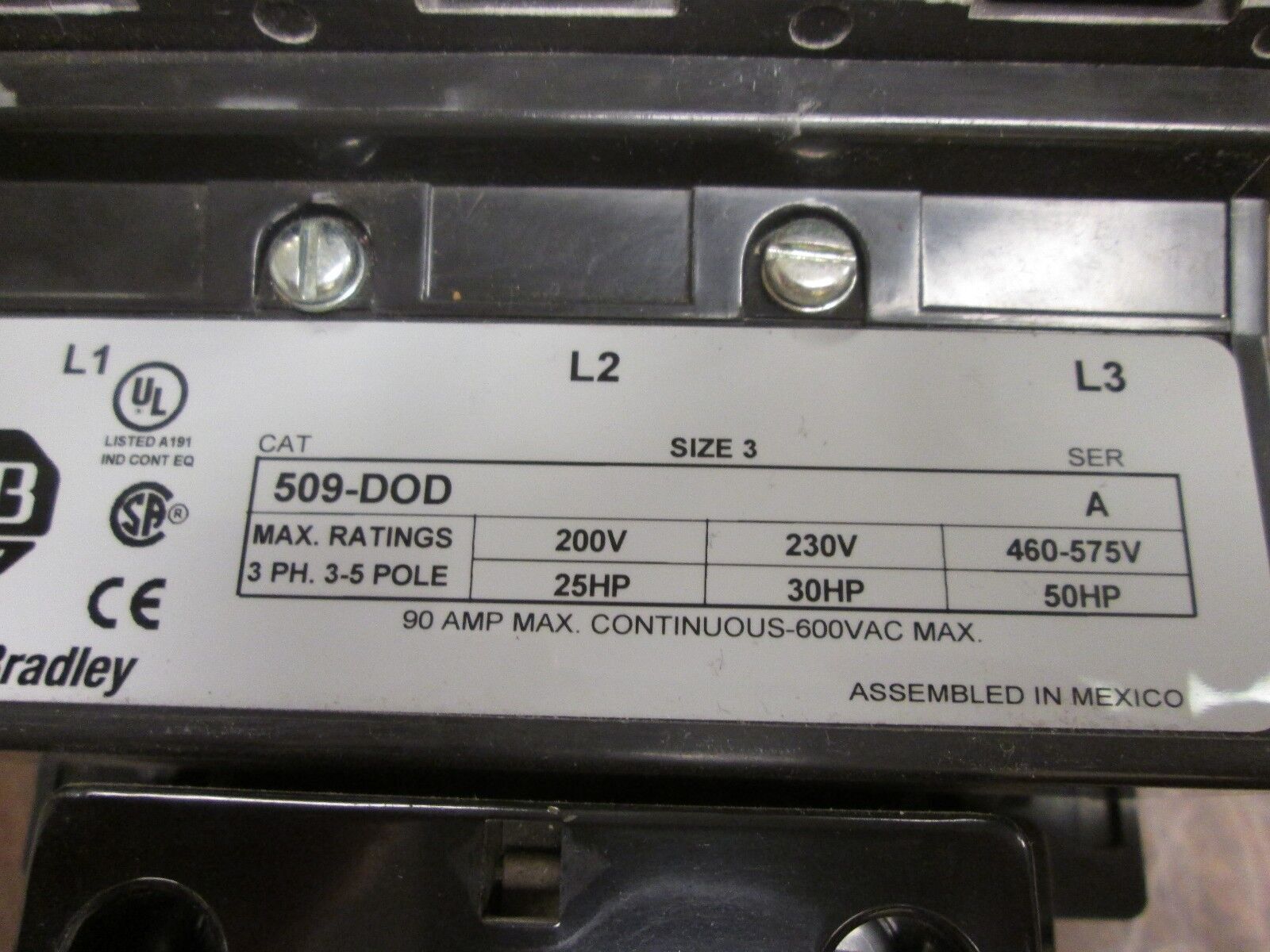 Allen-Bradley Size 3 Starter 509-DOD 90A 600V Overload Range: 9-45A Used
