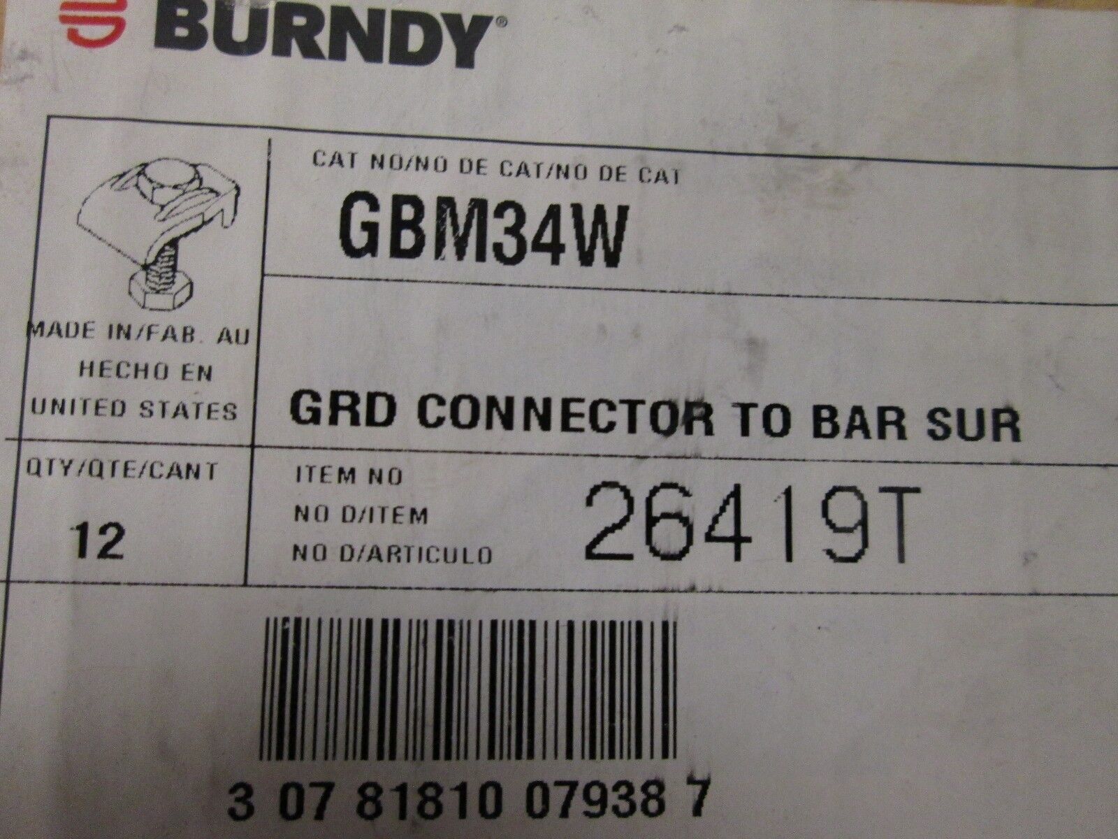 Burndy Ground Connector GBM34W 300-500kcmil *Box of 12* New Surplus