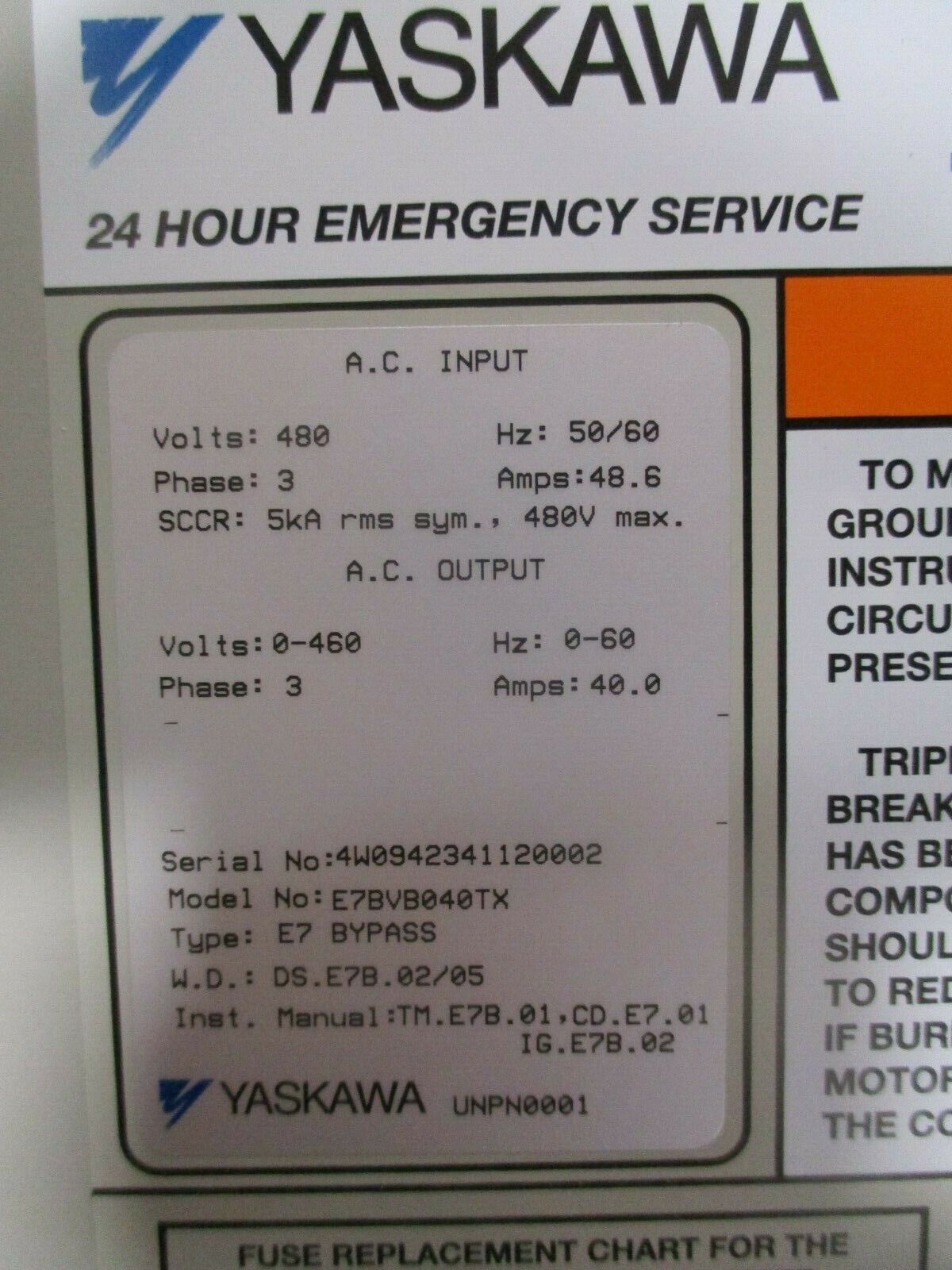 Yaskawa E7 AC Drive w/ Bypass E7BVB040TX 30HP 3Ph Used